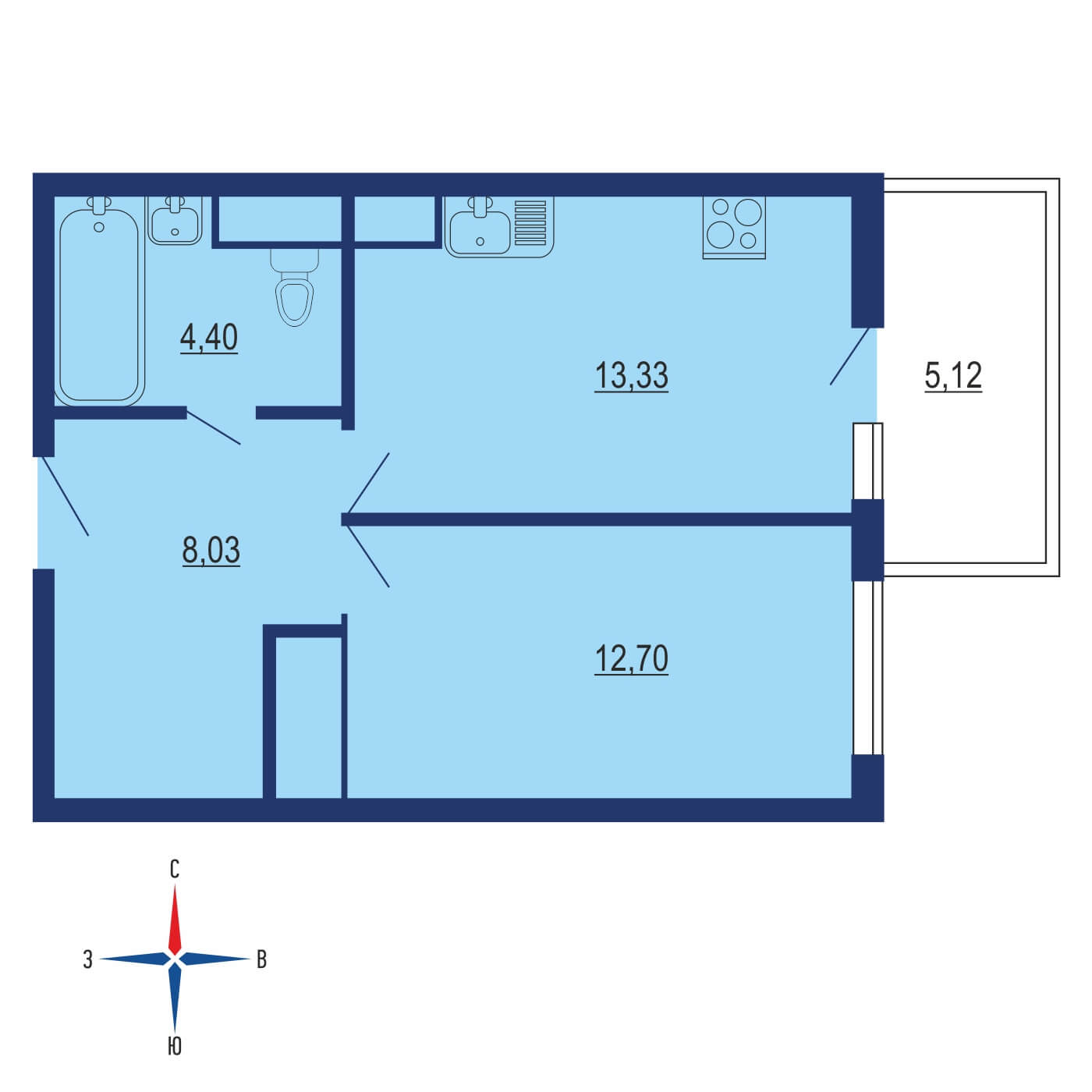 Планировка 1х комнатной квартиры 26.00м² на 4 этаже в ЖК Новое Пушкино