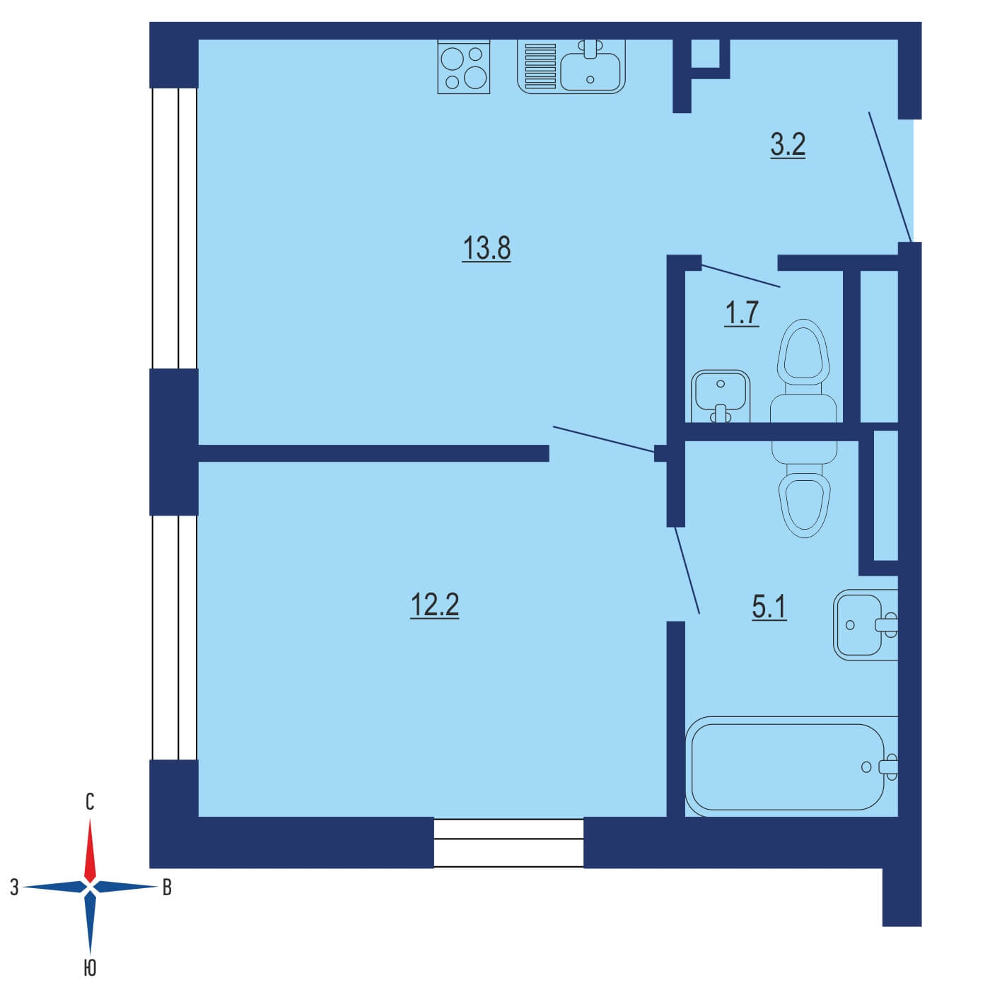 Планировка 1х комнатной квартиры 39.00м² на 4 этаже в ЖК City Bay (Сити Бэй)