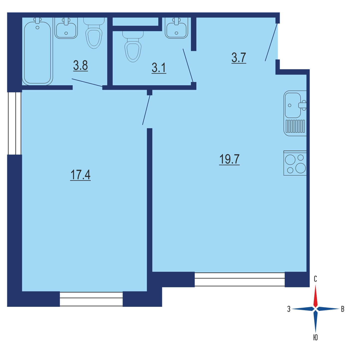 Планировка 1х комнатной квартиры 44.00м² на 48 этаже в ЖК City Bay (Сити Бэй)