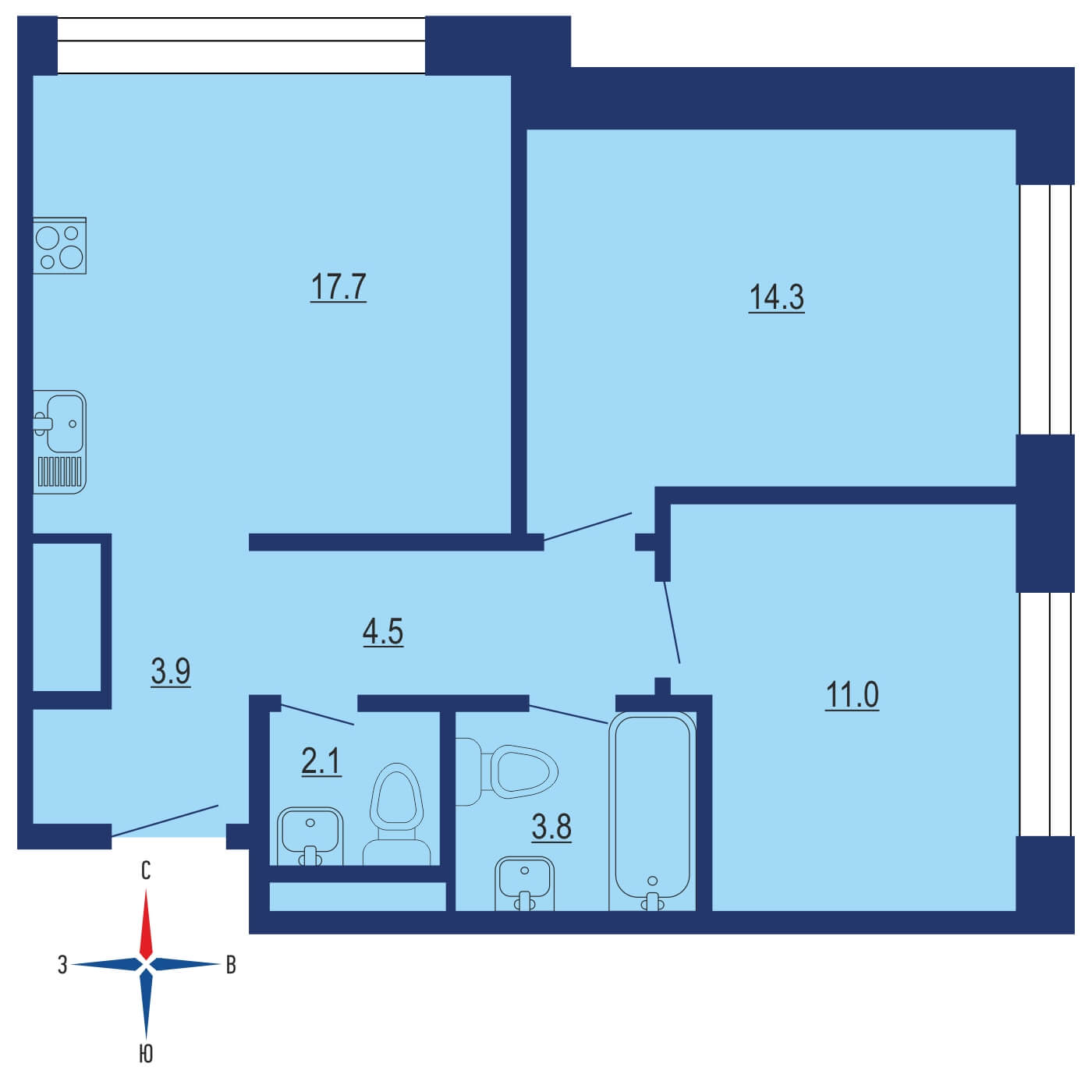 Планировка 2х комнатной квартиры 57.00м² на 46 этаже в ЖК City Bay (Сити Бэй)