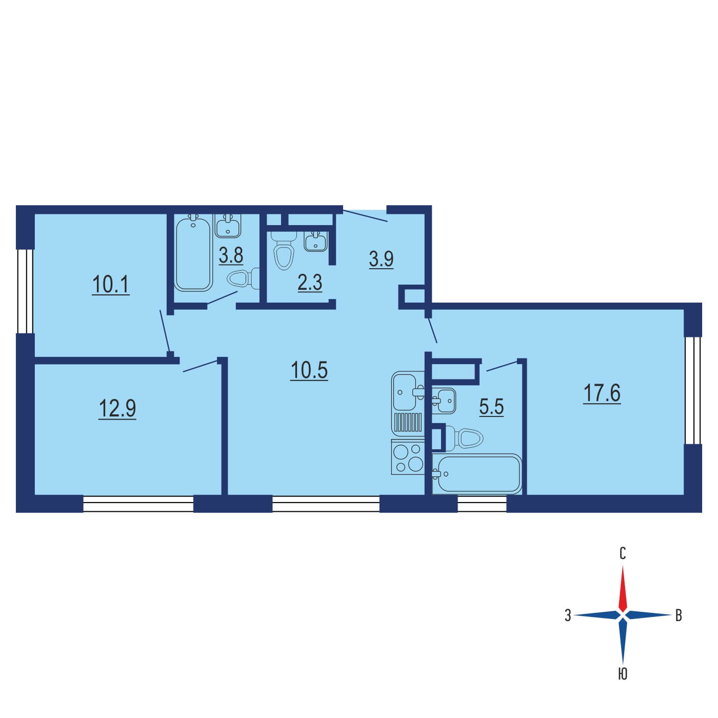 Планировка 2х комнатной квартиры 59.00м² на 48 этаже в ЖК City Bay (Сити Бэй)