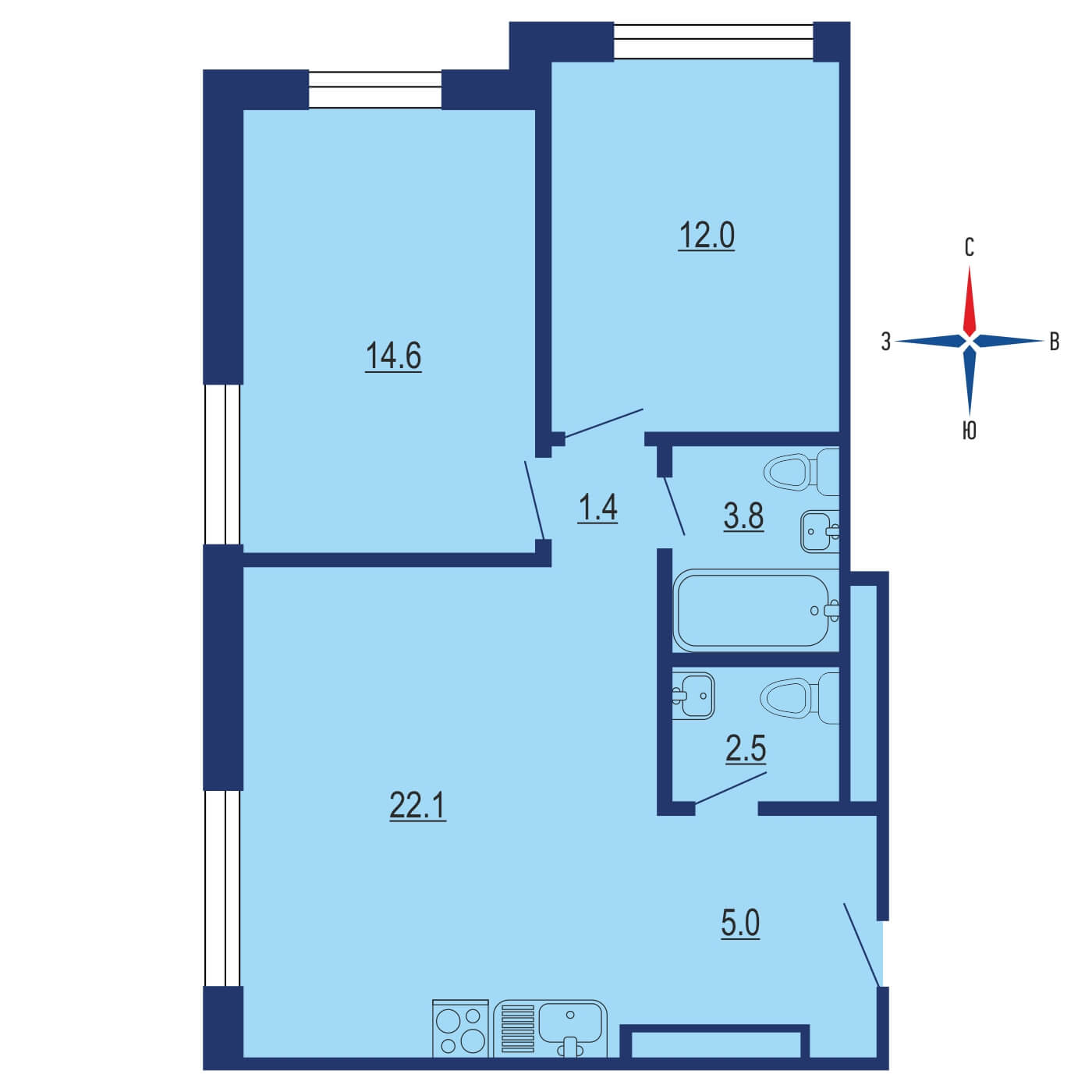 Планировка 2х комнатной квартиры 62.00м² на 47 этаже в ЖК City Bay (Сити Бэй)