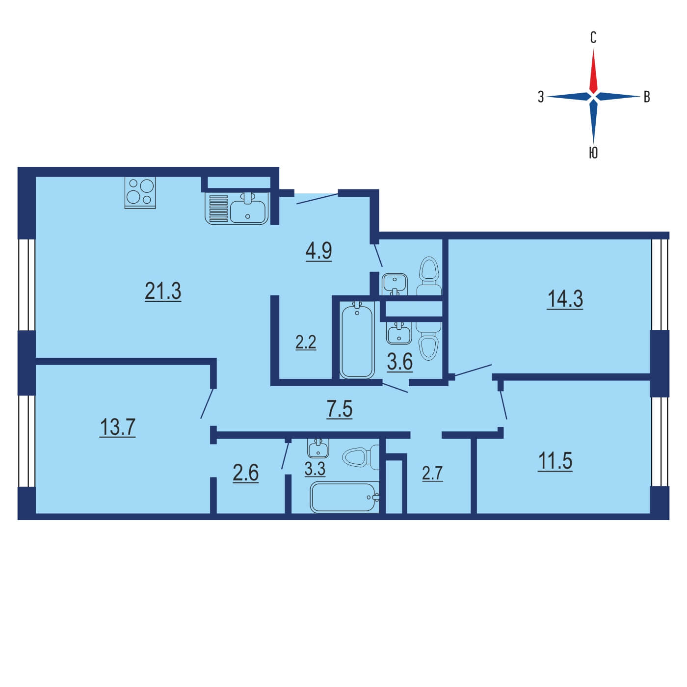 Планировка 3х комнатной квартиры 90.00м² на 20 этаже в ЖК City Bay (Сити Бэй)