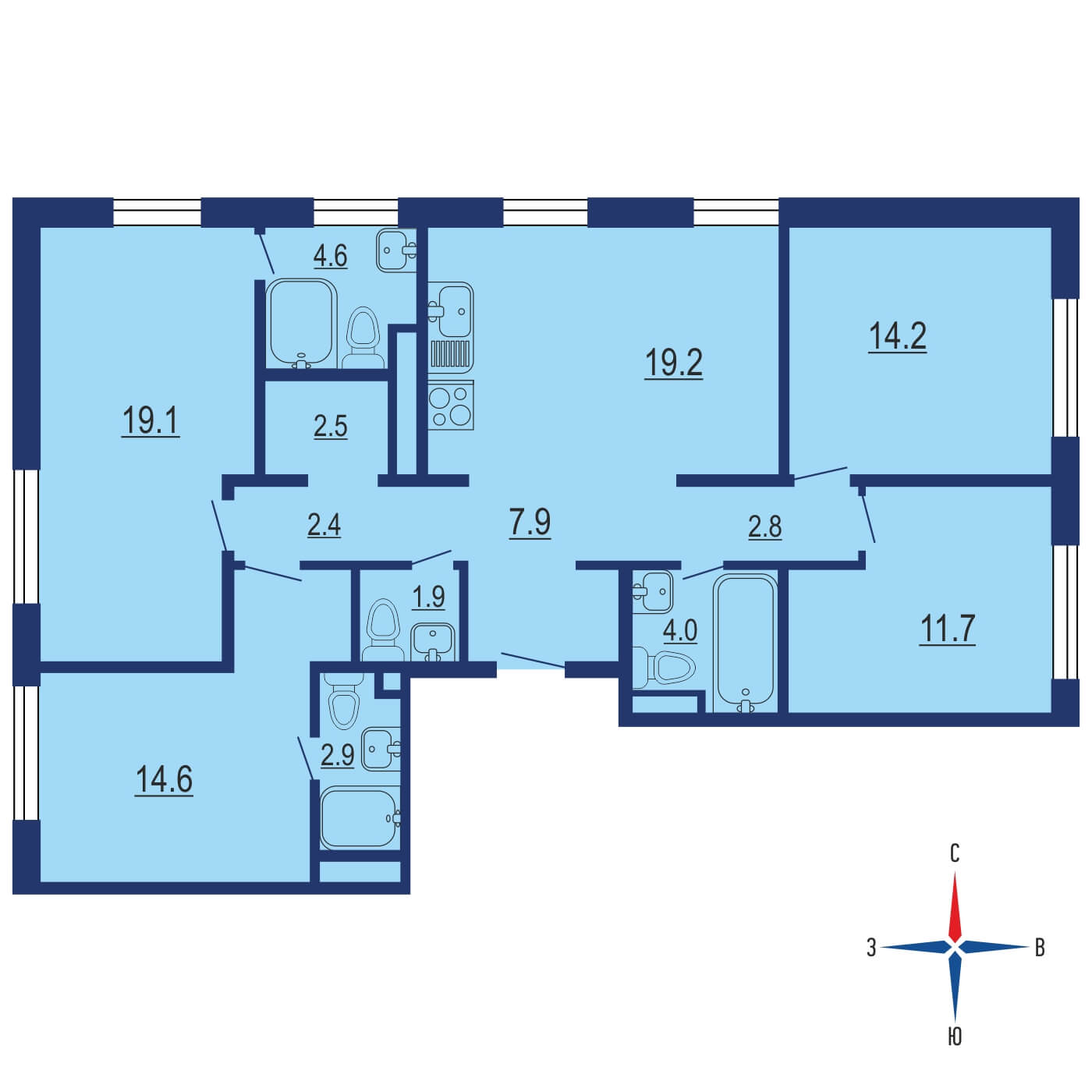 Планировка 4х комнатной квартиры 108.00м² на 8 этаже в ЖК City Bay (Сити Бэй)