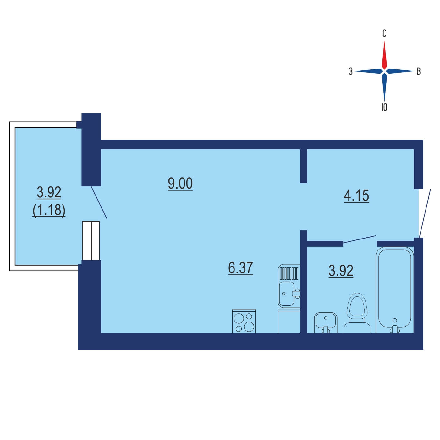 Планировка 1х комнатной квартиры 27.80м² на 12 этаже в ЖК Цветочные поляны