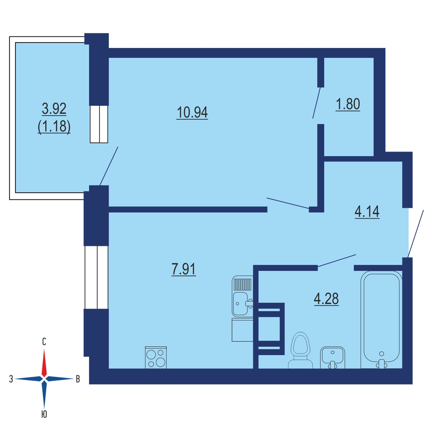 Планировка 1х комнатной квартиры 33.50м² на 16 этаже в ЖК Цветочные поляны