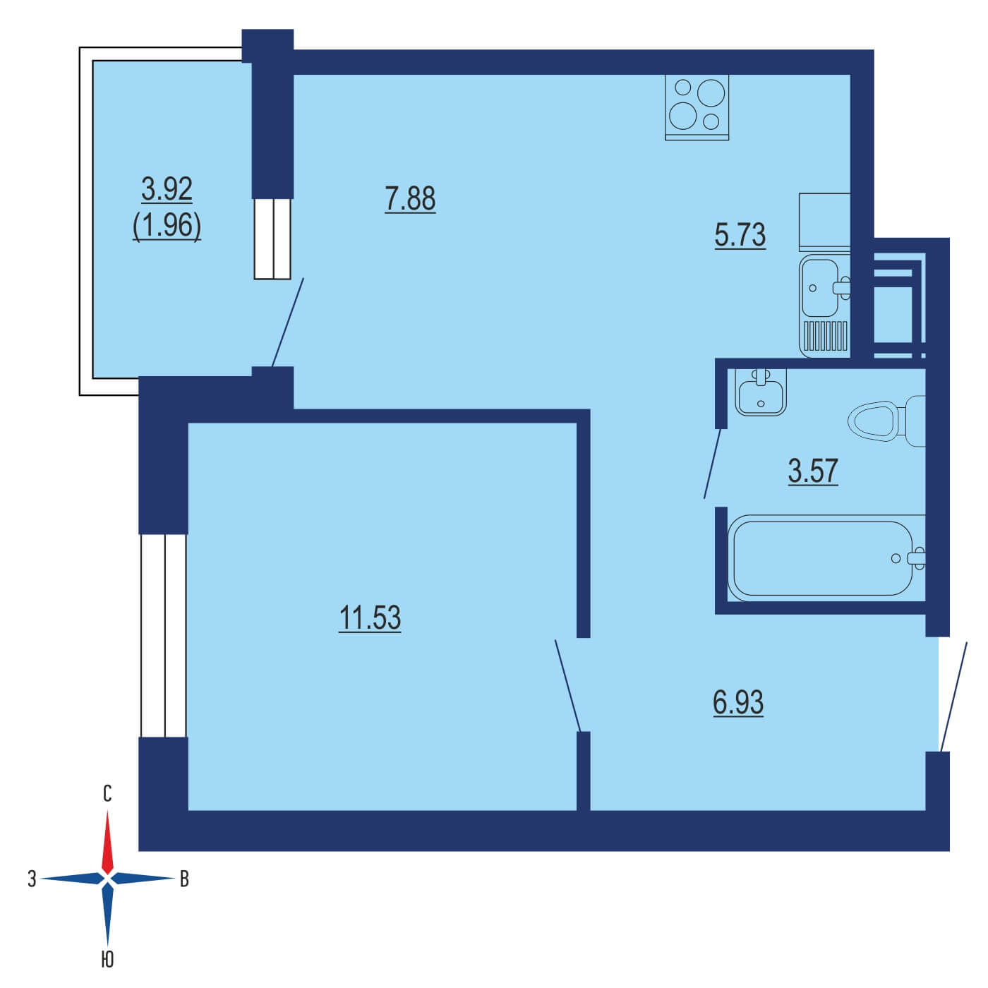 Планировка 2х комнатной квартиры 39.80м² на 5 этаже в ЖК Цветочные поляны