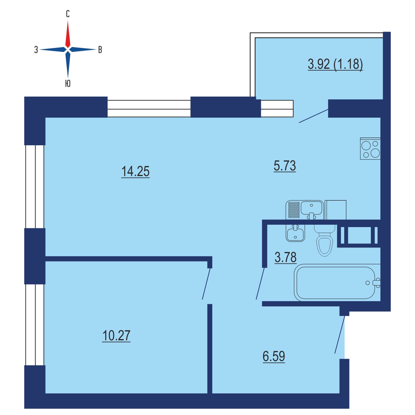 Планировка 2х комнатной квартиры 47.20м² на 5 этаже в ЖК Цветочные поляны
