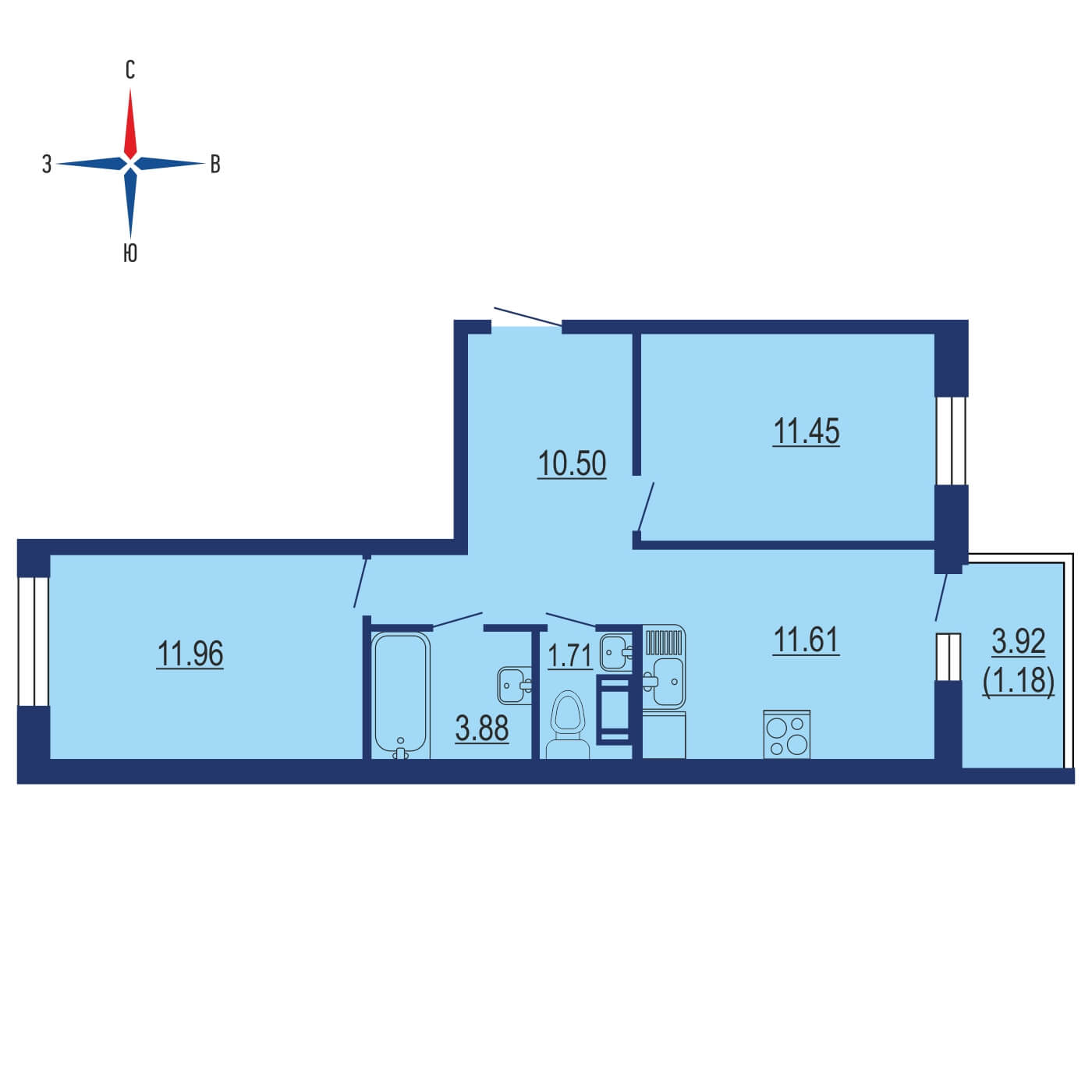 Планировка 2х комнатной квартиры 57.70м² на 16 этаже в ЖК Цветочные поляны