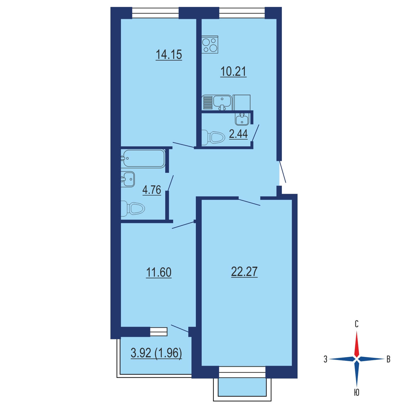 Планировка 4х комнатной квартиры 78.96м² на 8 этаже в ЖК Цветочные поляны