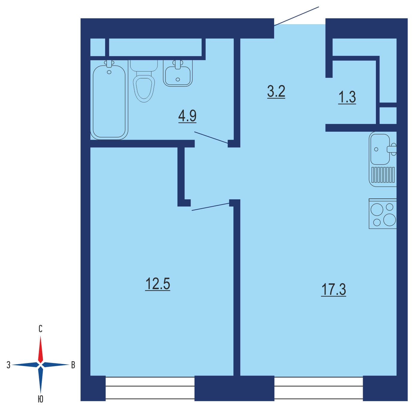 Планировка 1х комнатной квартиры 40.00м² на 45 этаже в ЖК D1 (Д1)