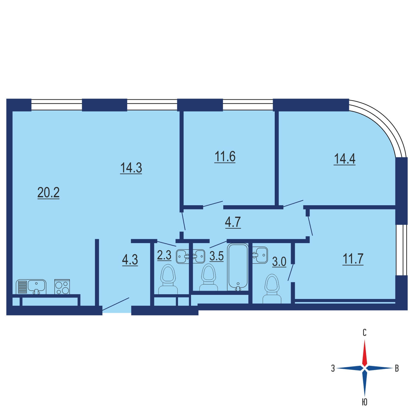 Планировка 3х комнатной квартиры 88.00м² на 10 этаже в ЖК D1 (Д1)