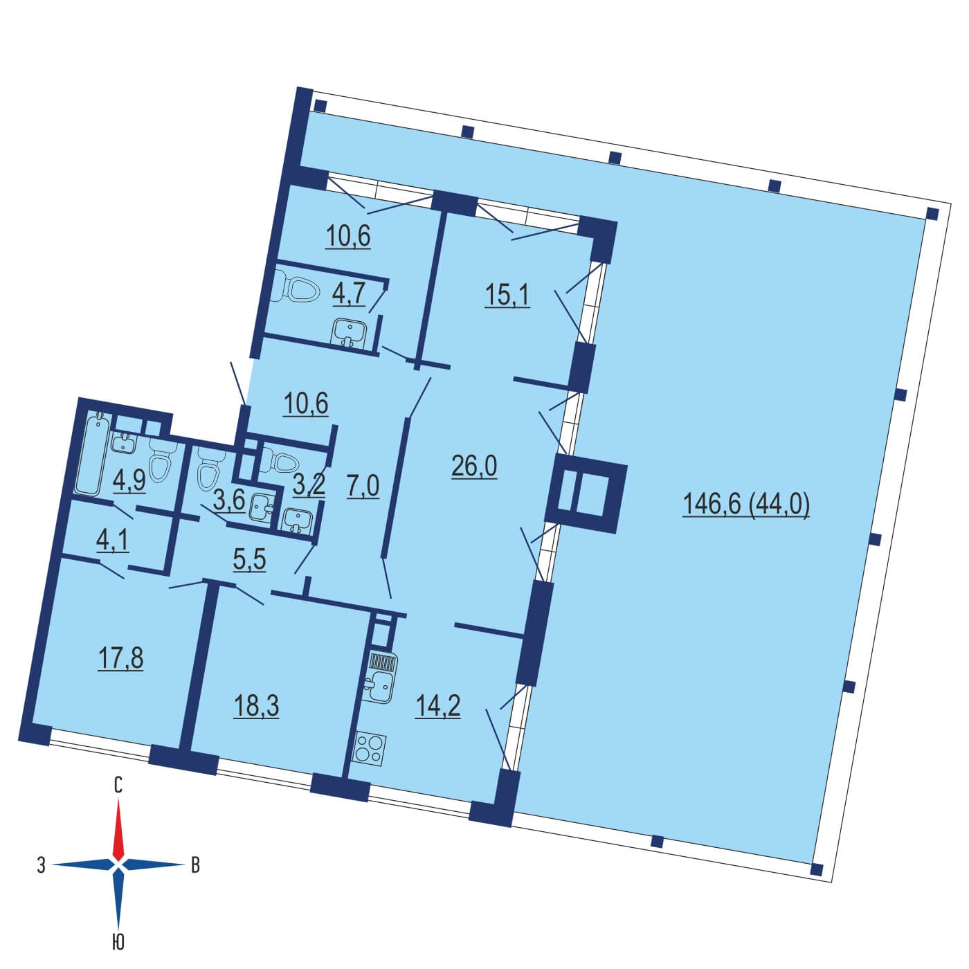 Планировка 4х комнатной квартиры 494.90м² на 18 этаже в ЖК Дом на Тишинке