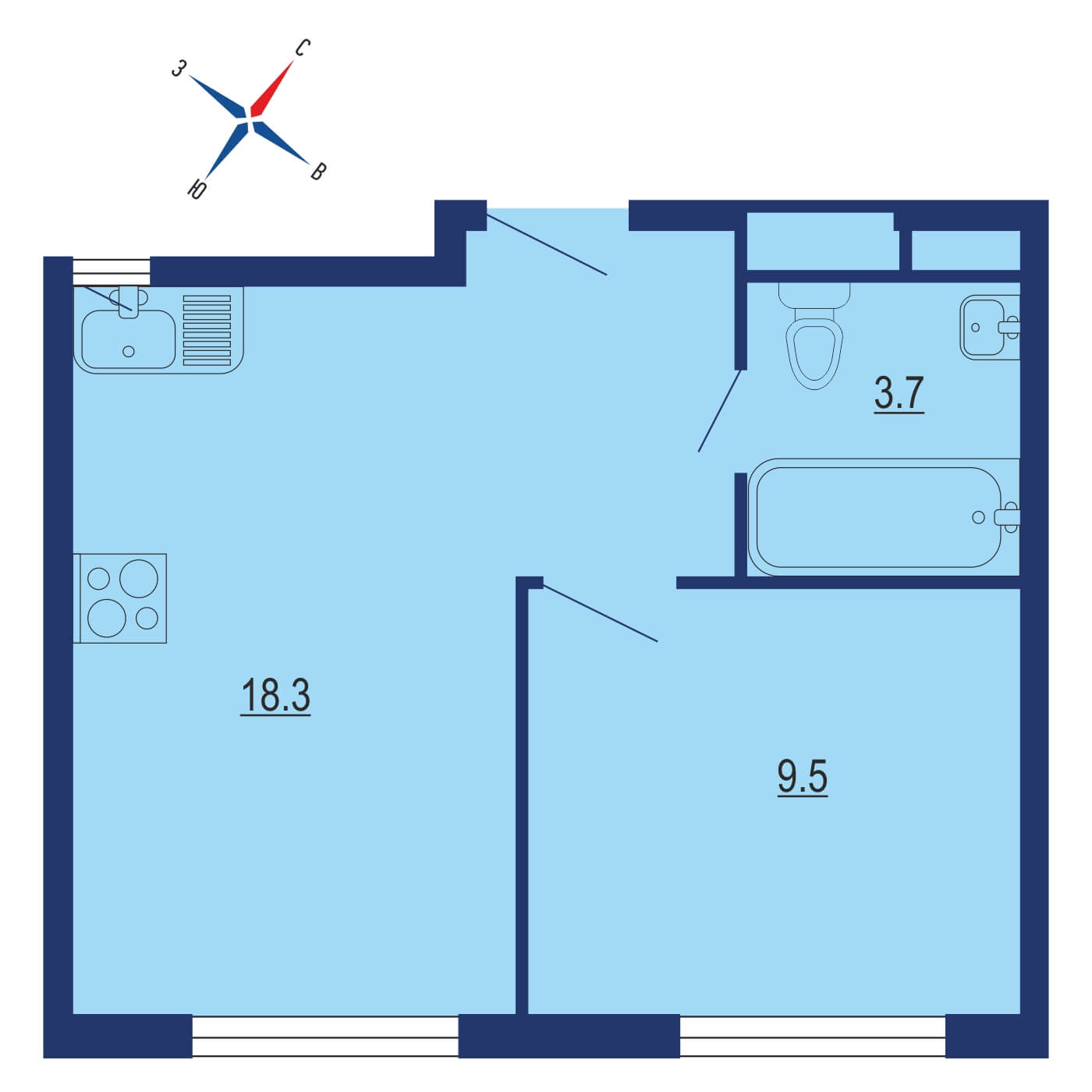 Планировка 1х комнатной квартиры 33.00м² на 11 этаже в ЖК Эко Видное 2.0