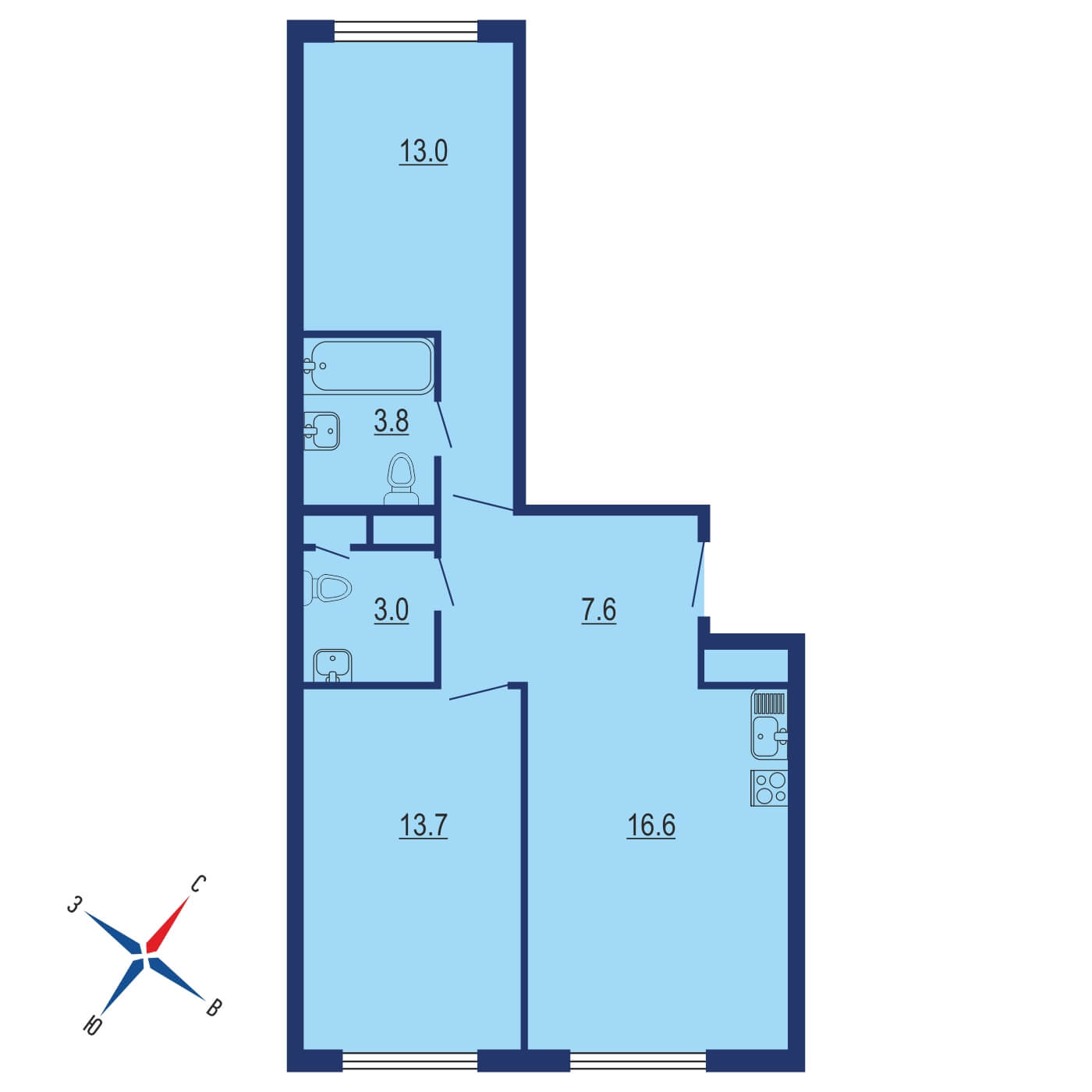 Планировка 2х комнатной квартиры 58.00м² на 11 этаже в ЖК Эко Видное 2.0