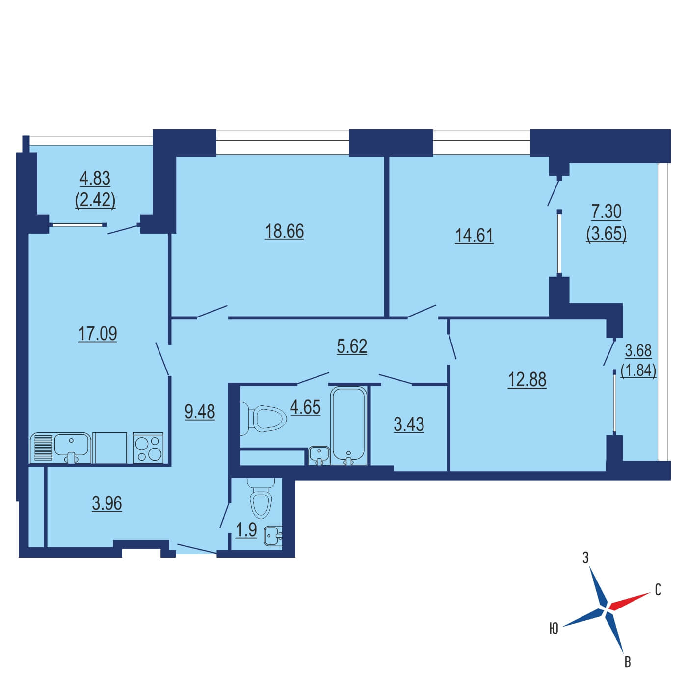 Планировка 3х комнатной квартиры 90.58м² на 5 этаже в ЖК FORIVER (Форивер)