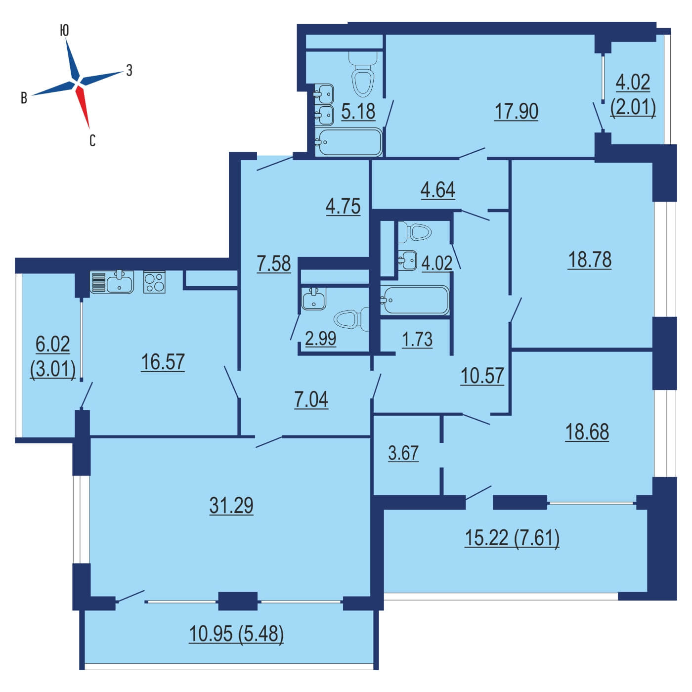 Планировка 4х комнатной квартиры 151.93м² на 13 этаже в ЖК FORIVER (Форивер)