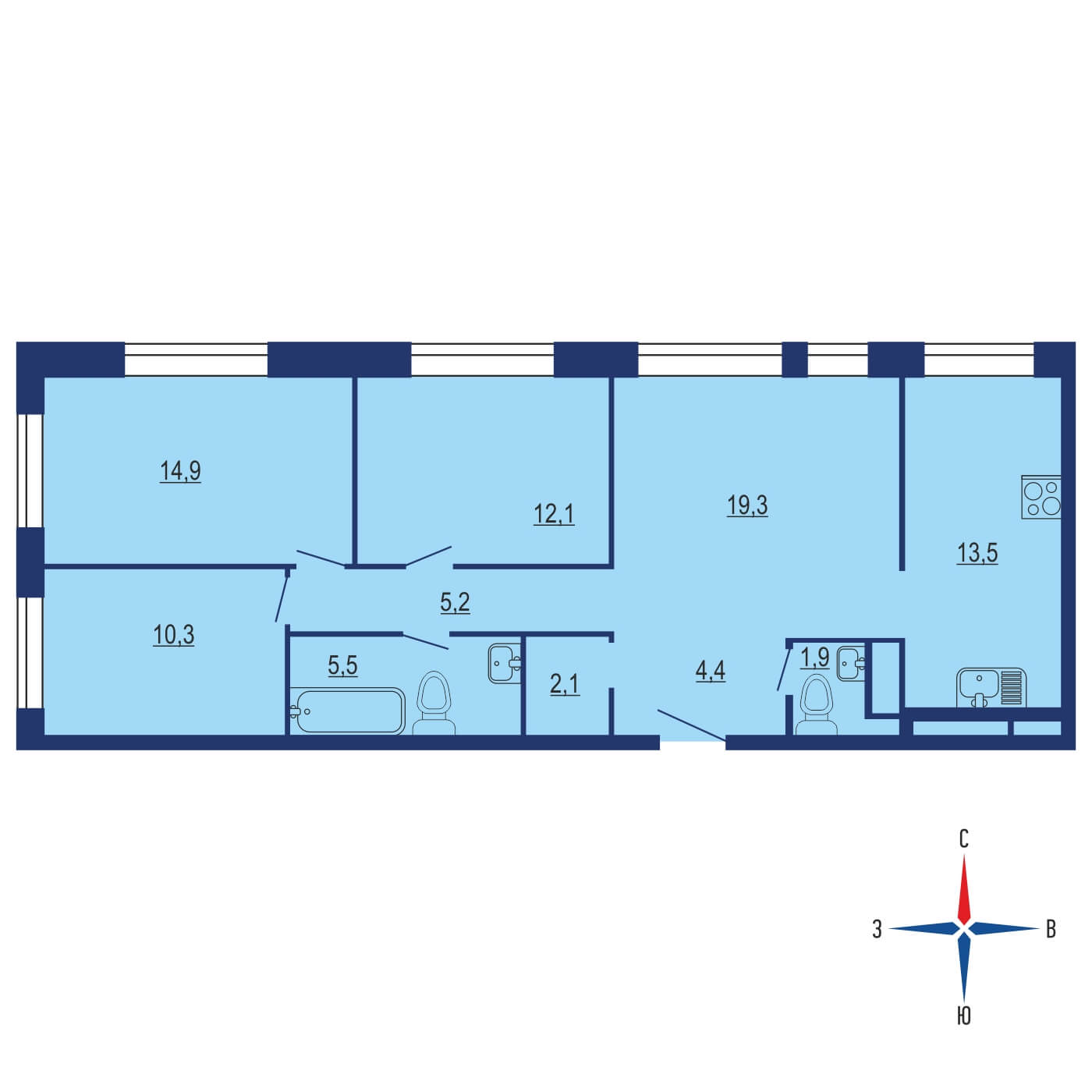 Планировка 4х комнатной квартиры 92.00м² на 2 этаже в ЖК Fresh (Фрэш)