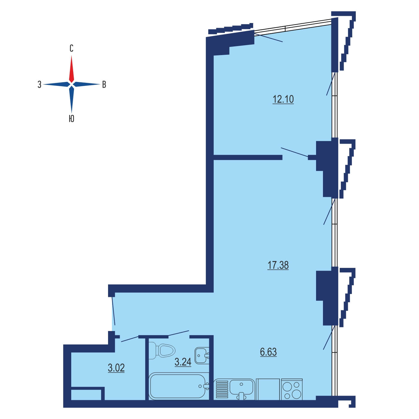 Планировка 1х комнатной квартиры 47.00м² на 31 этаже в ЖК Hide (Хайд)