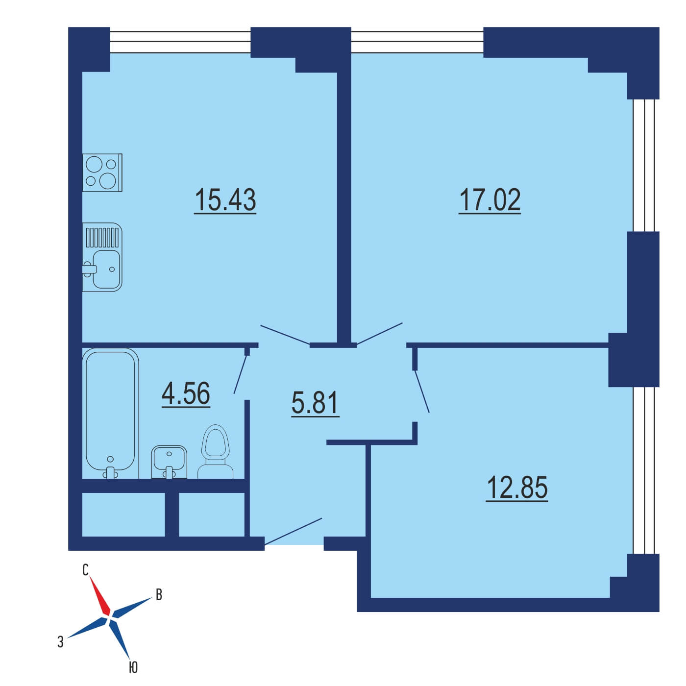 Планировка 2х комнатной квартиры 64.43м² на 32 этаже в Жилой Квартал iLove (ЖК Ай Лав)