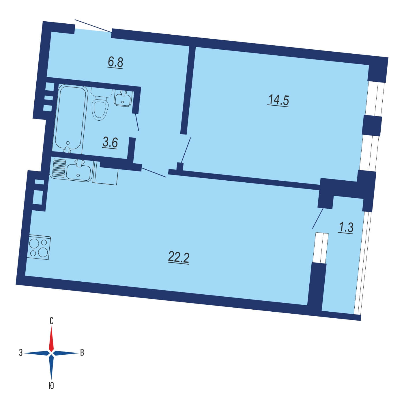 Планировка 2х комнатной квартиры 54.10м² на 14 этаже в Жилой комплекс Испанские кварталы