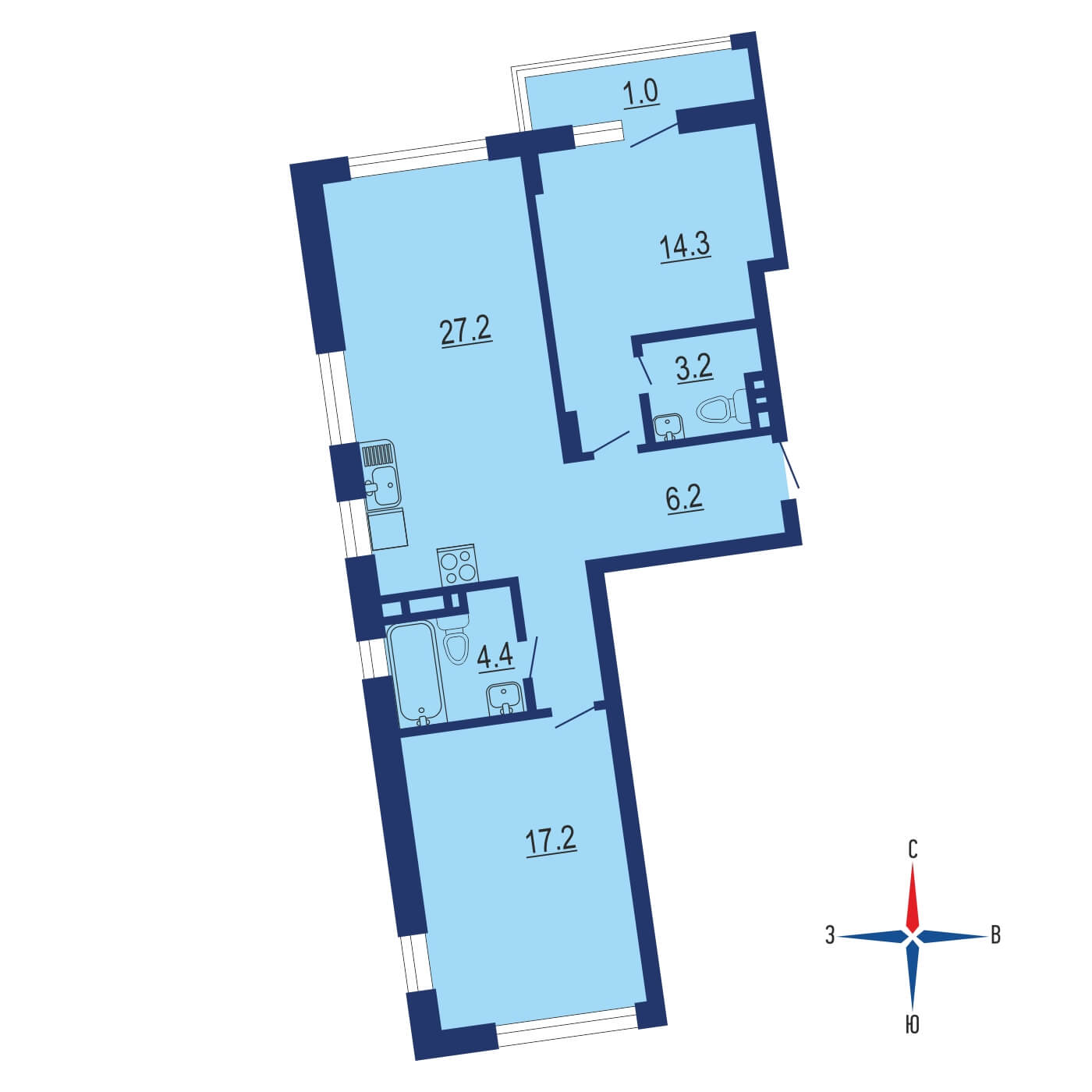 Планировка 2х комнатной квартиры 73.40м² на 13 этаже в Жилой комплекс Испанские кварталы