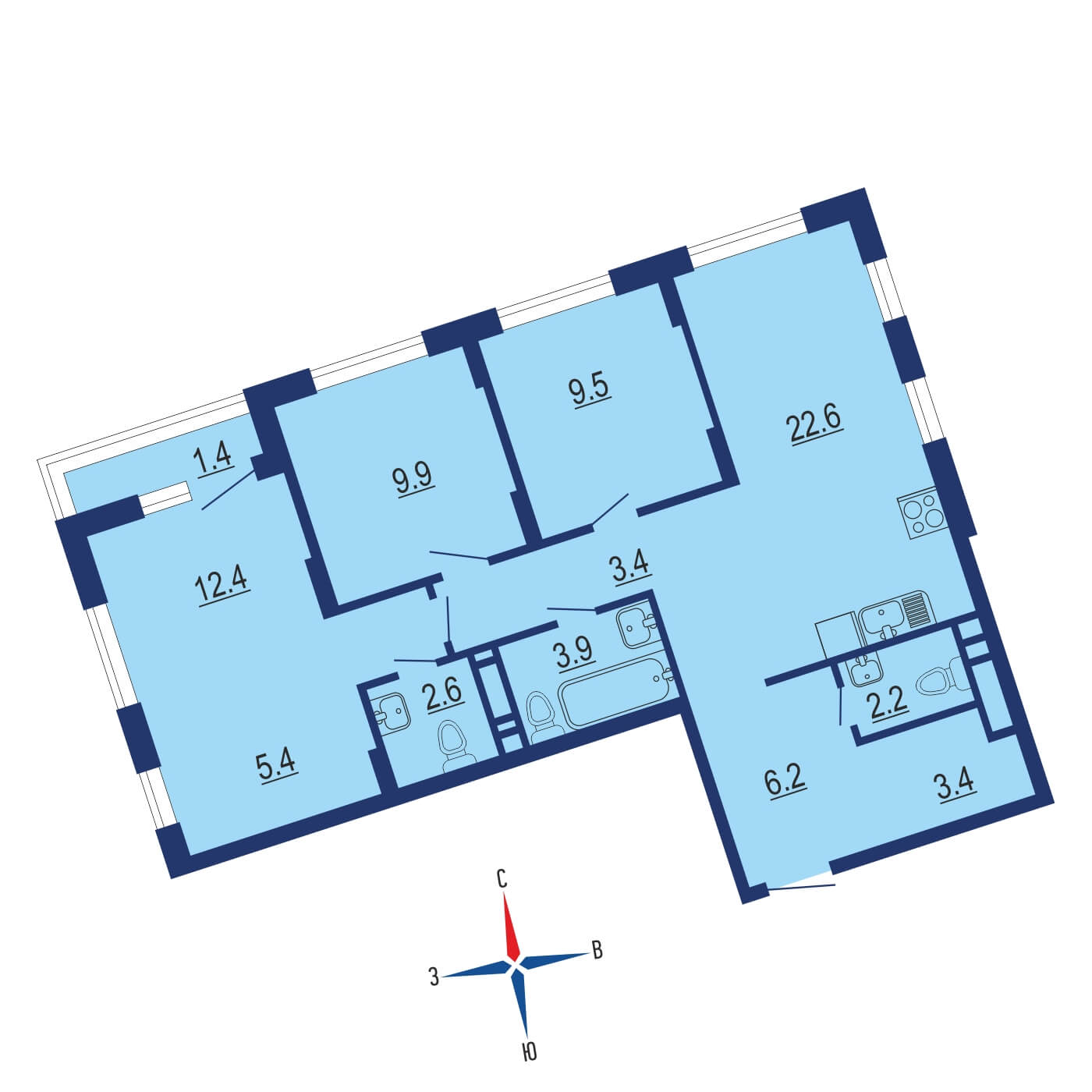 Планировка 3х комнатной квартиры 85.20м² на 8 этаже в Жилой комплекс Испанские кварталы