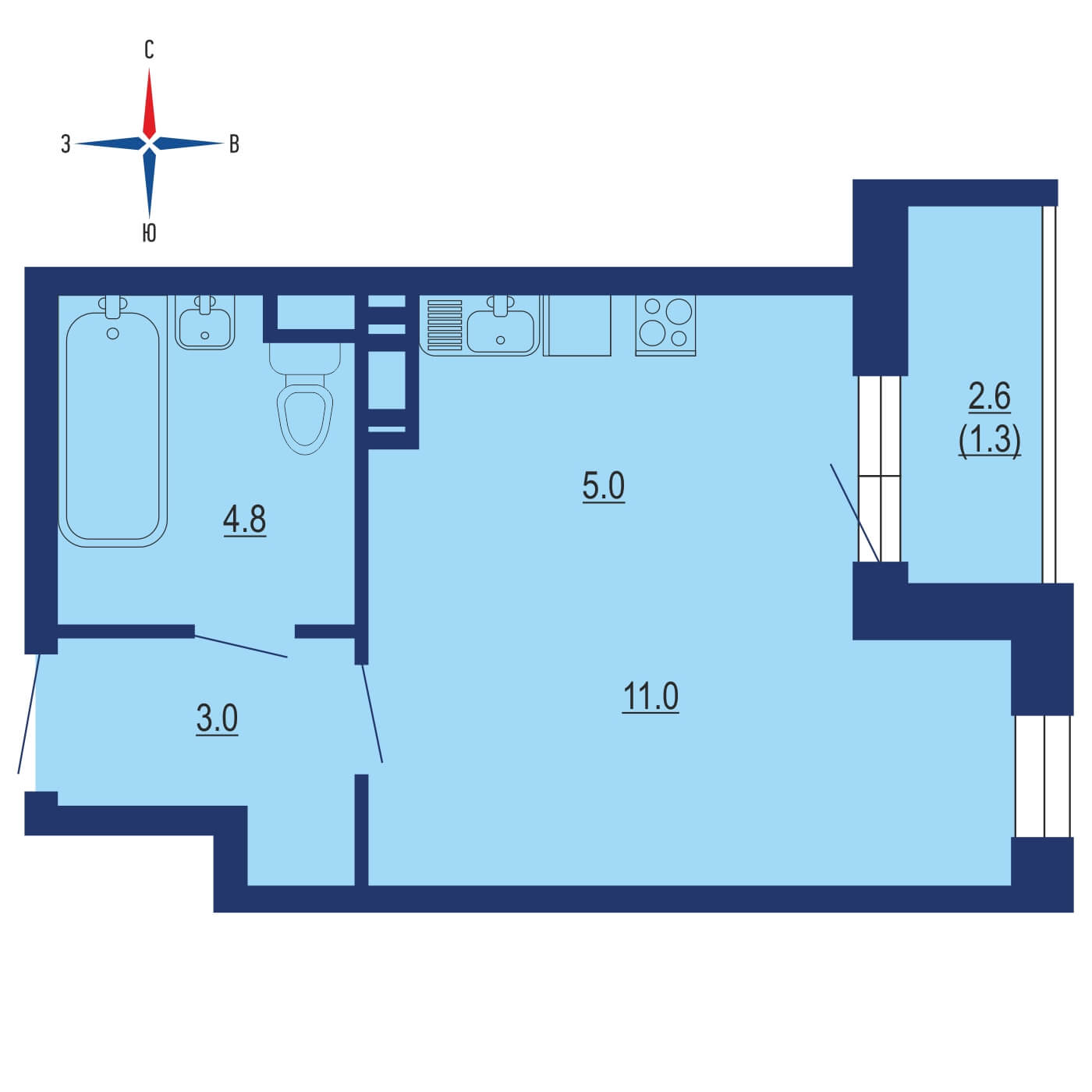 Планировка 1х комнатной квартиры 28.60м² на 2 этаже в ЖК Эко Бунино
