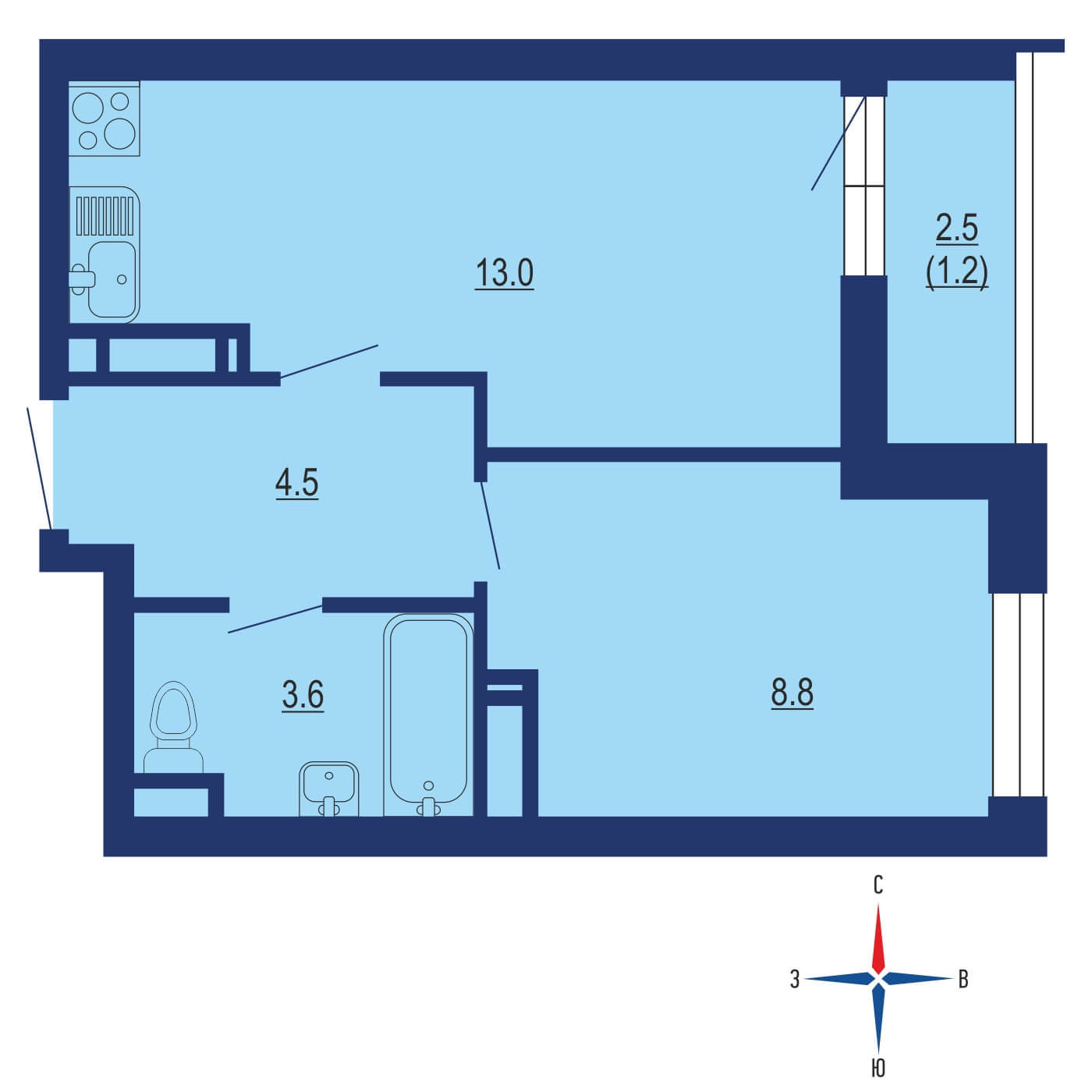 Планировка 1х комнатной квартиры 31.20м² на 4 этаже в ЖК Эко Бунино