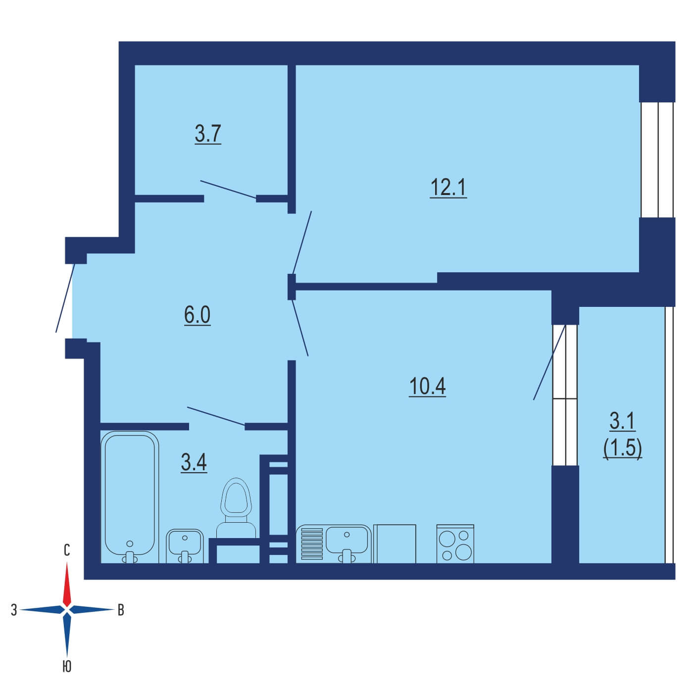 Планировка 2х комнатной квартиры 35.50м² на 1 этаже в ЖК Эко Бунино