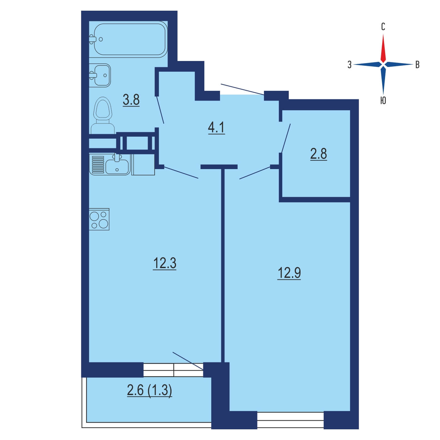 Планировка 2х комнатной квартиры 37.90м² на 3 этаже в ЖК Эко Бунино