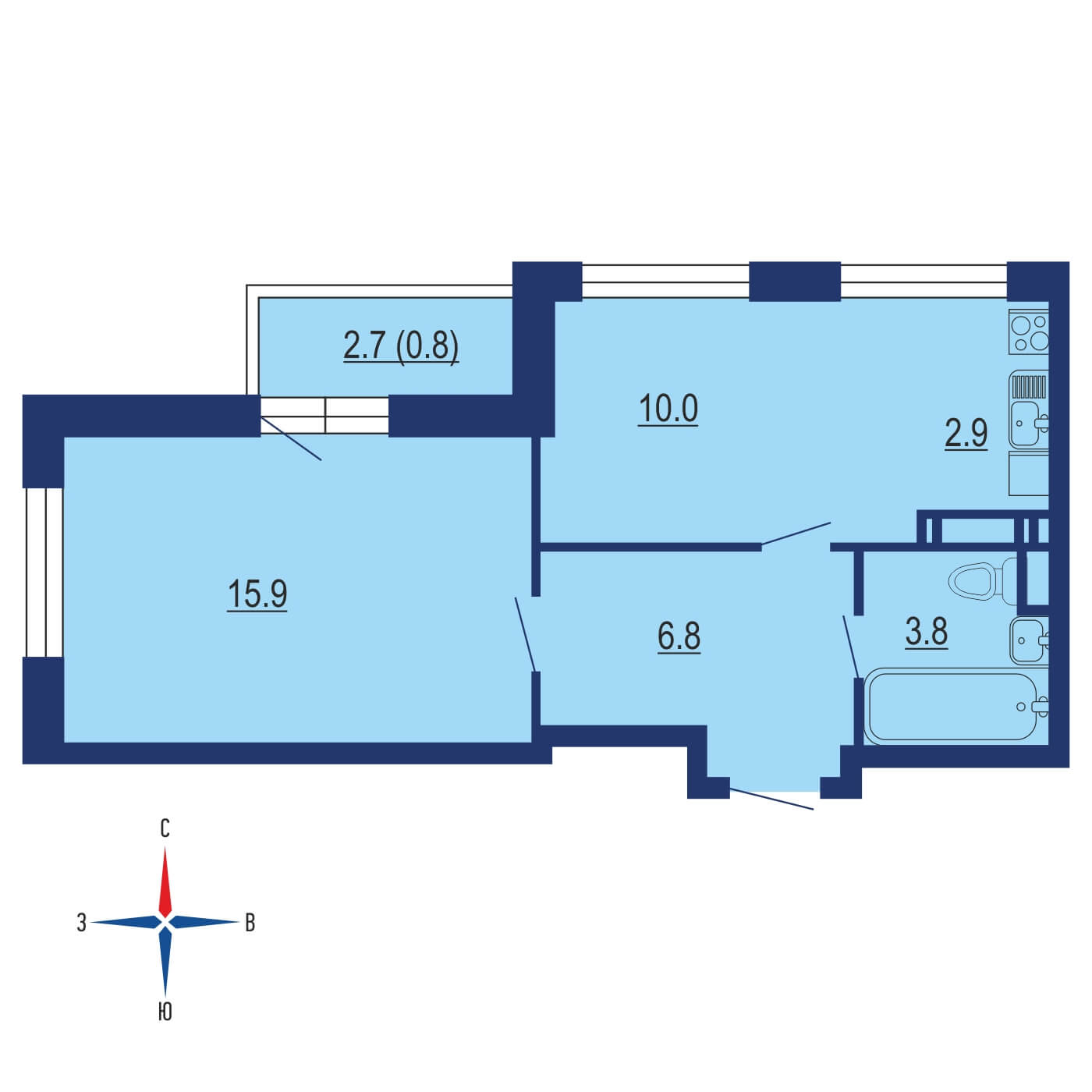 Планировка 2х комнатной квартиры 40.20м² на 9 этаже в ЖК Эко Бунино