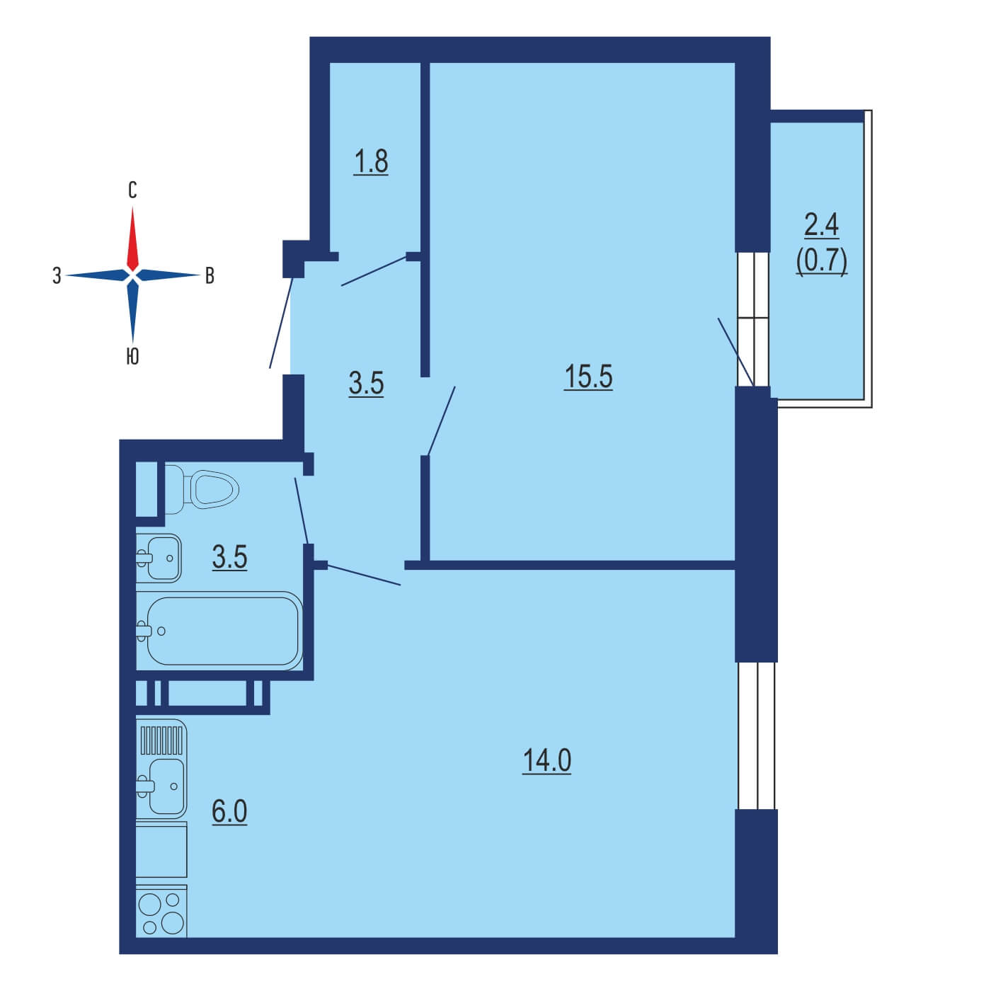 Планировка 2х комнатной квартиры 42.40м² на 2 этаже в ЖК Эко Бунино