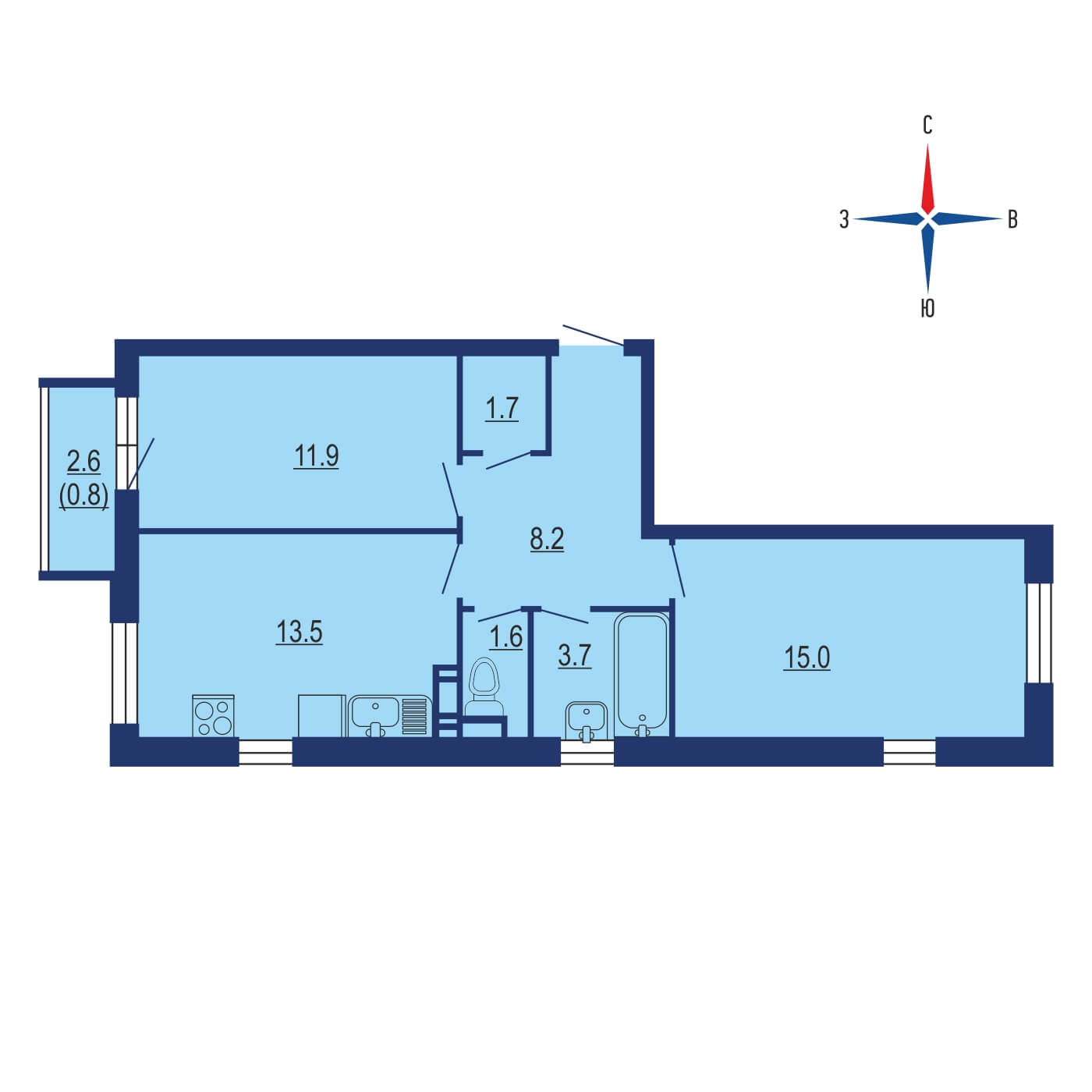 Планировка 2х комнатной квартиры 52.90м² на 4 этаже в ЖК Эко Бунино