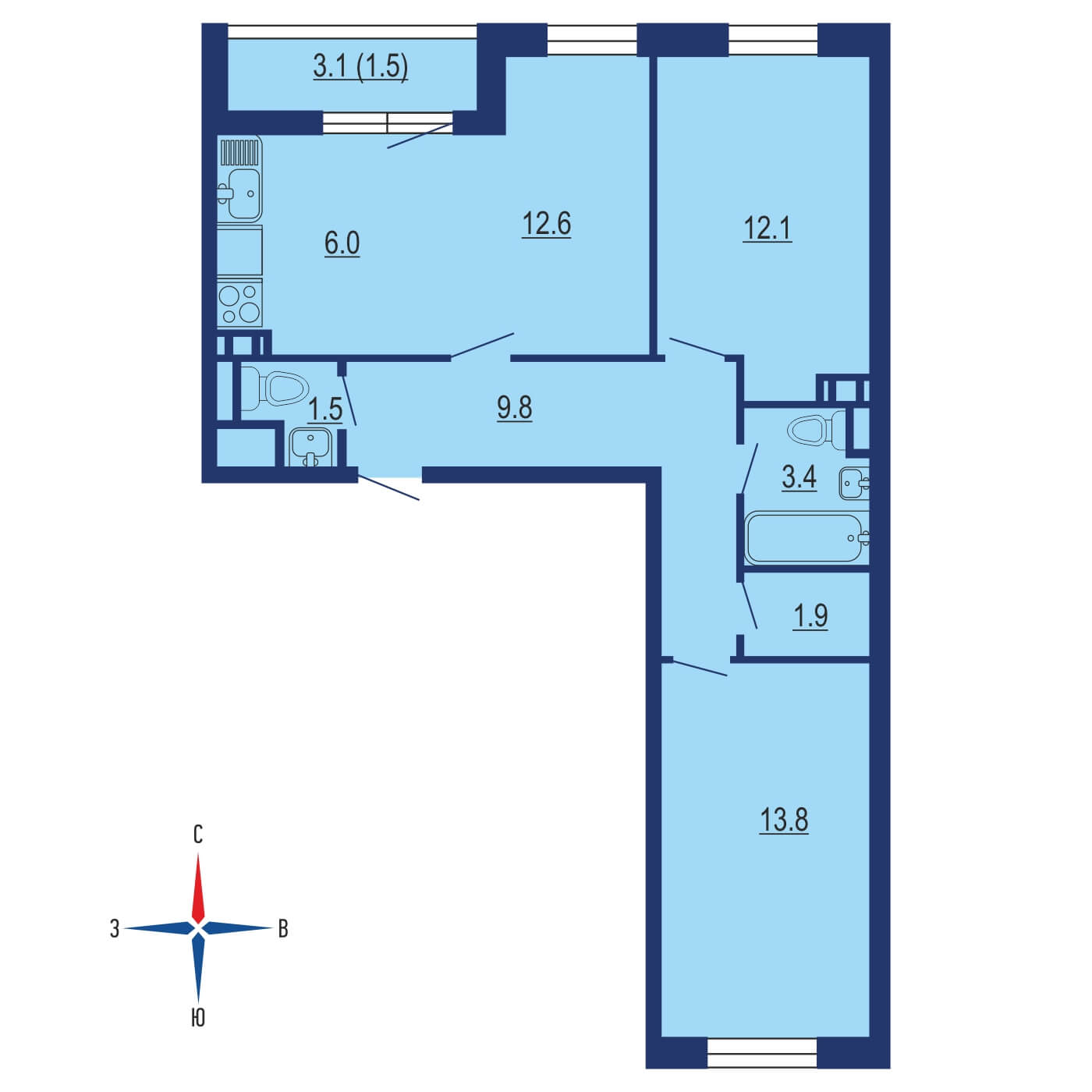 Планировка 3х комнатной квартиры 62.50м² на 5 этаже в ЖК Эко Бунино