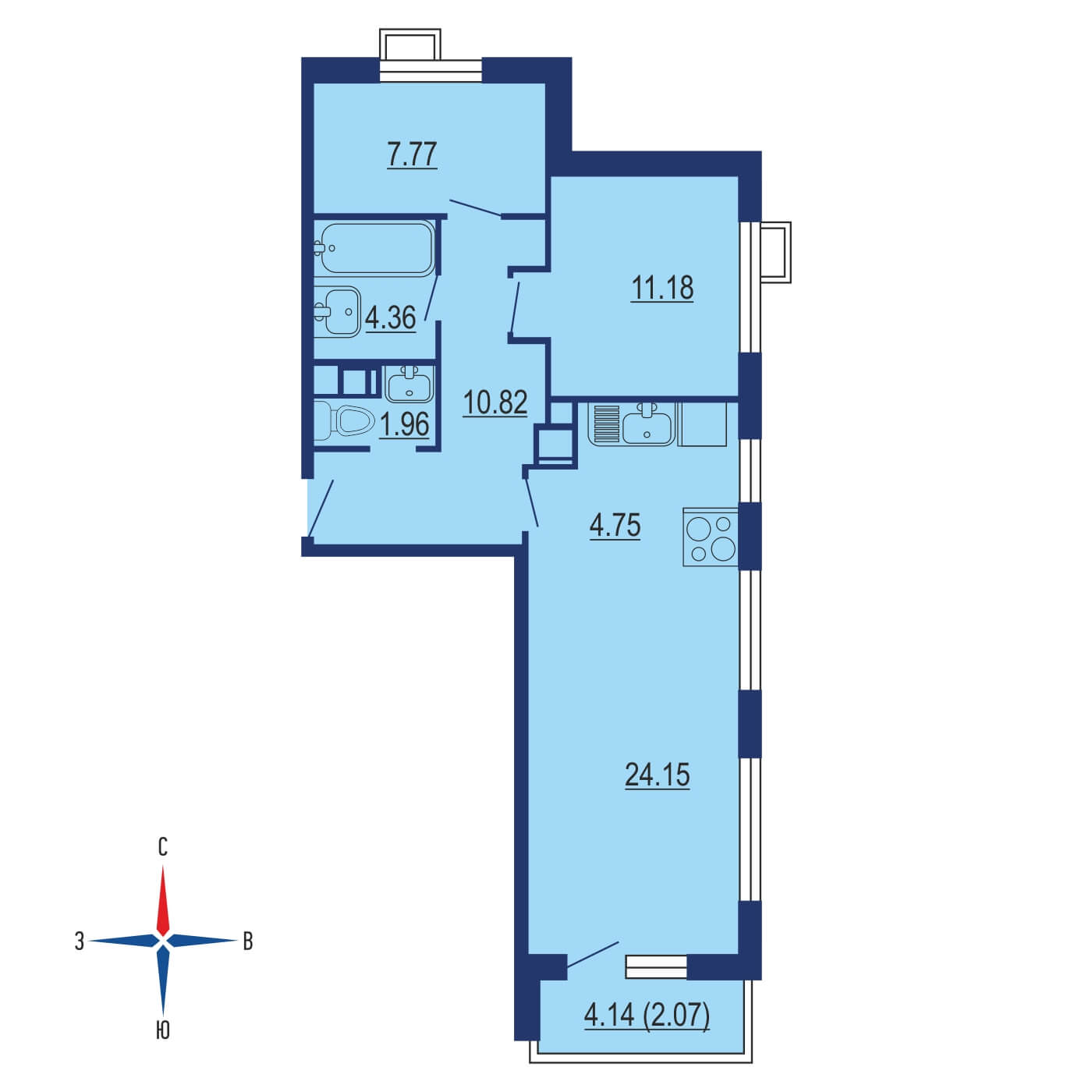 Планировка 3х комнатной квартиры 68.80м² на 10 этаже в ЖК Эко Бунино
