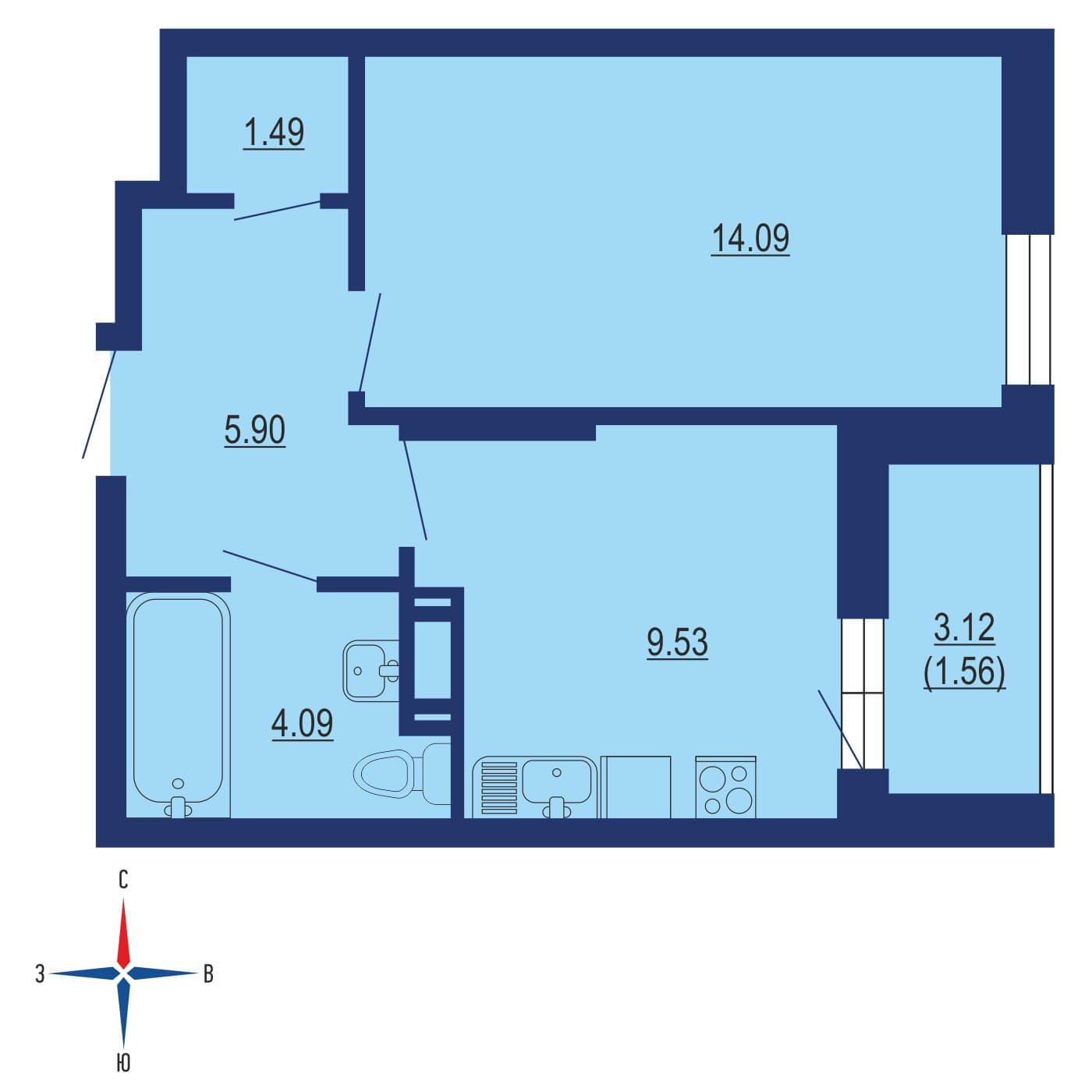 Планировка 1х комнатной квартиры 38.78м² на 4 этаже в ЖК Кленовые аллеи