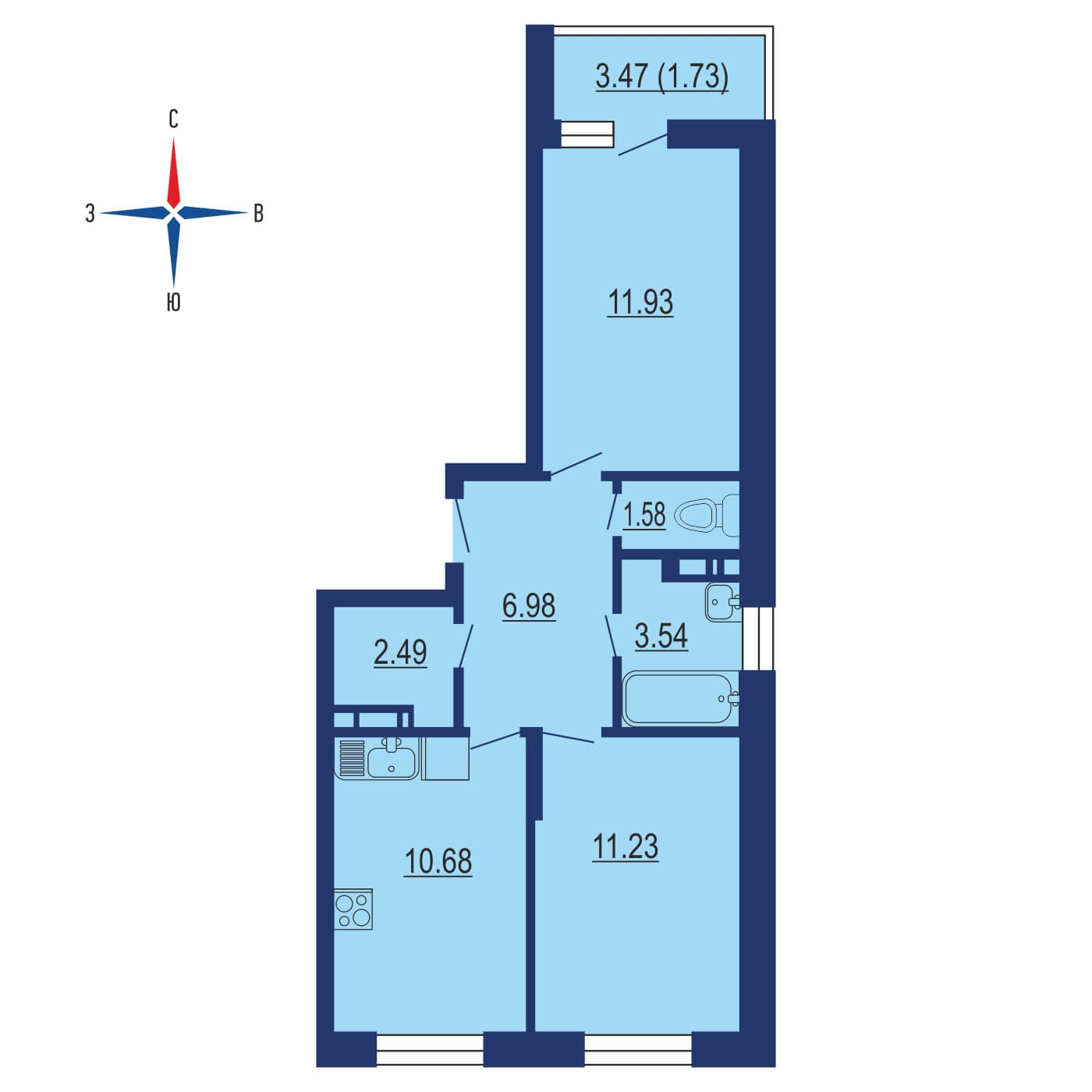 Планировка 2х комнатной квартиры 50.10м² на 4 этаже в ЖК Кленовые аллеи