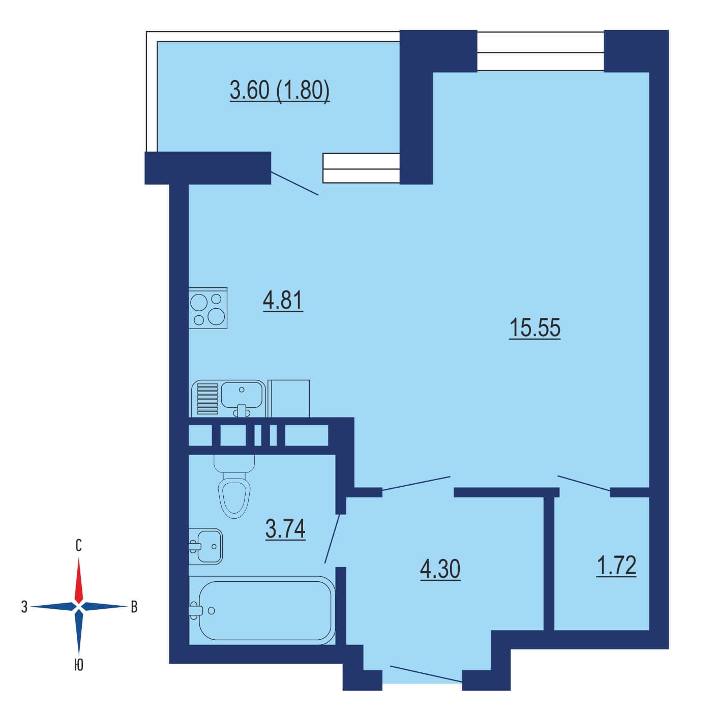 Планировка 1х комнатной квартиры 31.39м² на 16 этаже в ЖК Кленовые аллеи