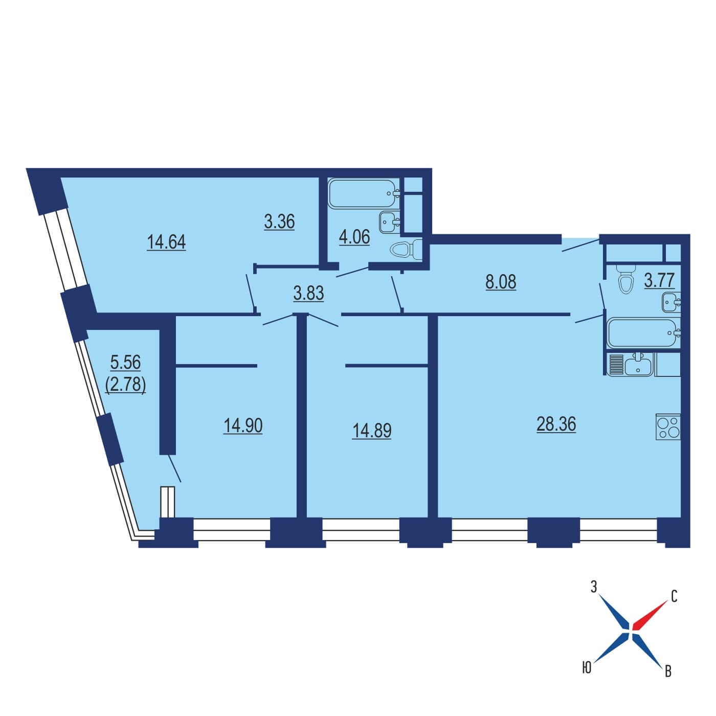 Планировка 4х комнатной квартиры 100.69м² на 29 этаже в ЖК КутузовGRAD II (КутузовГрад 2)