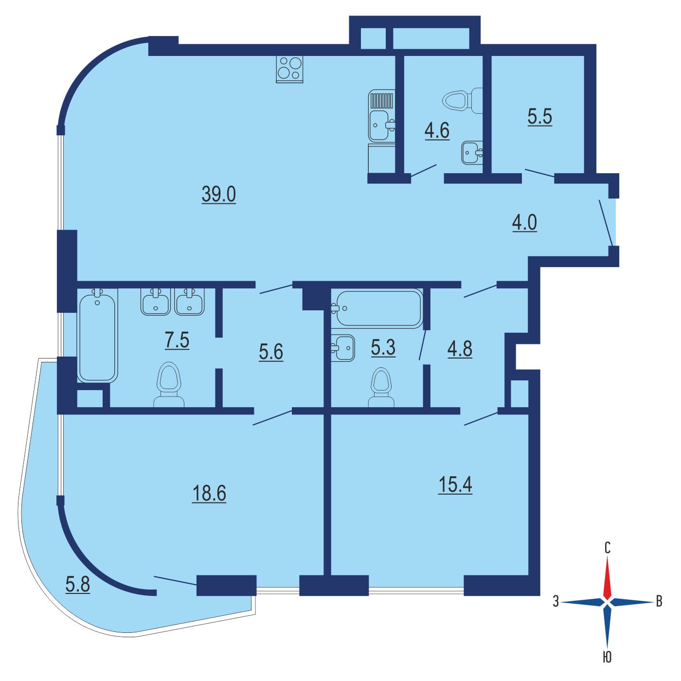 Планировка 2х комнатной квартиры 110.20м² на 4 этаже в Дом Лаврушинский