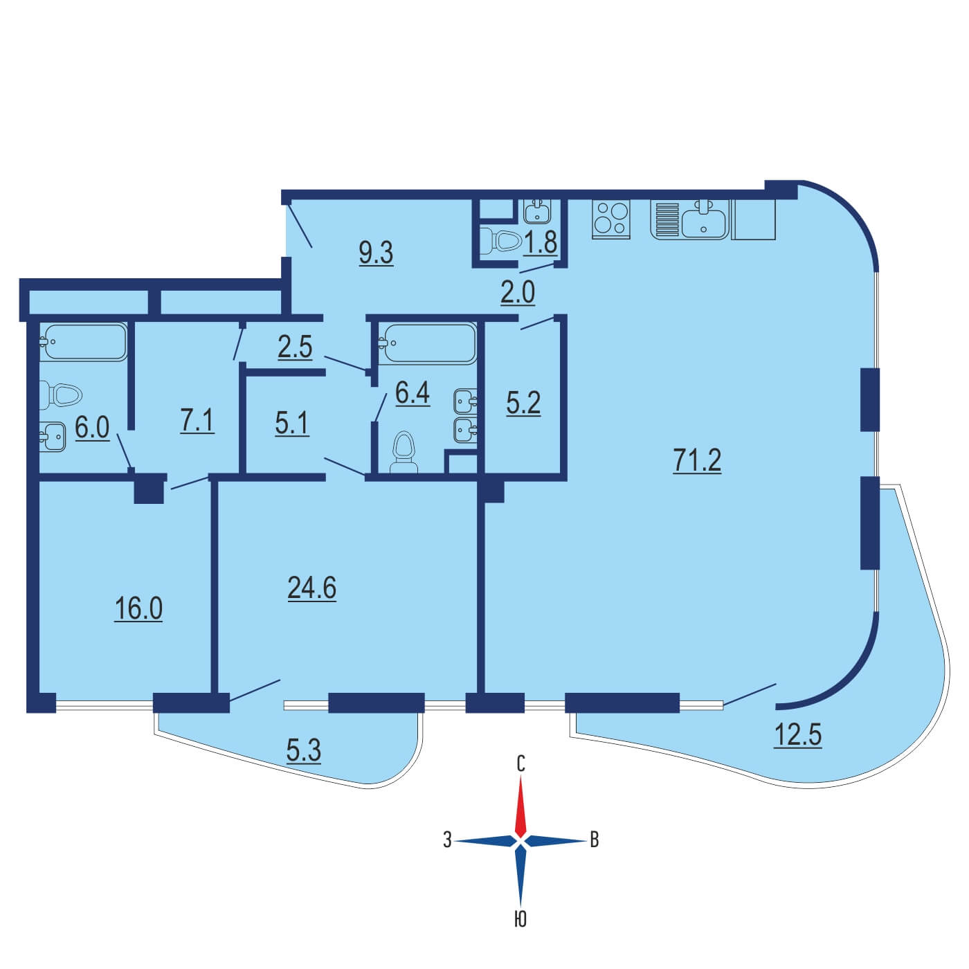 Планировка 3х комнатной квартиры 170.40м² на 4 этаже в Дом Лаврушинский