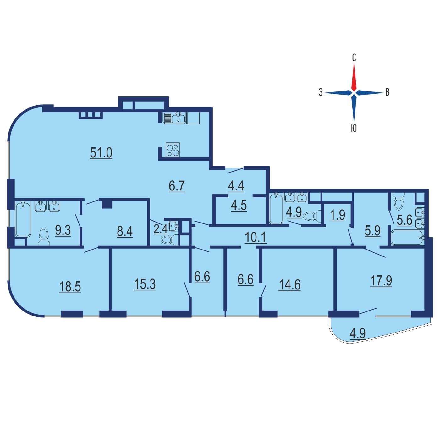 Планировка 4х комнатной квартиры 195.70м² на 4 этаже в Дом Лаврушинский