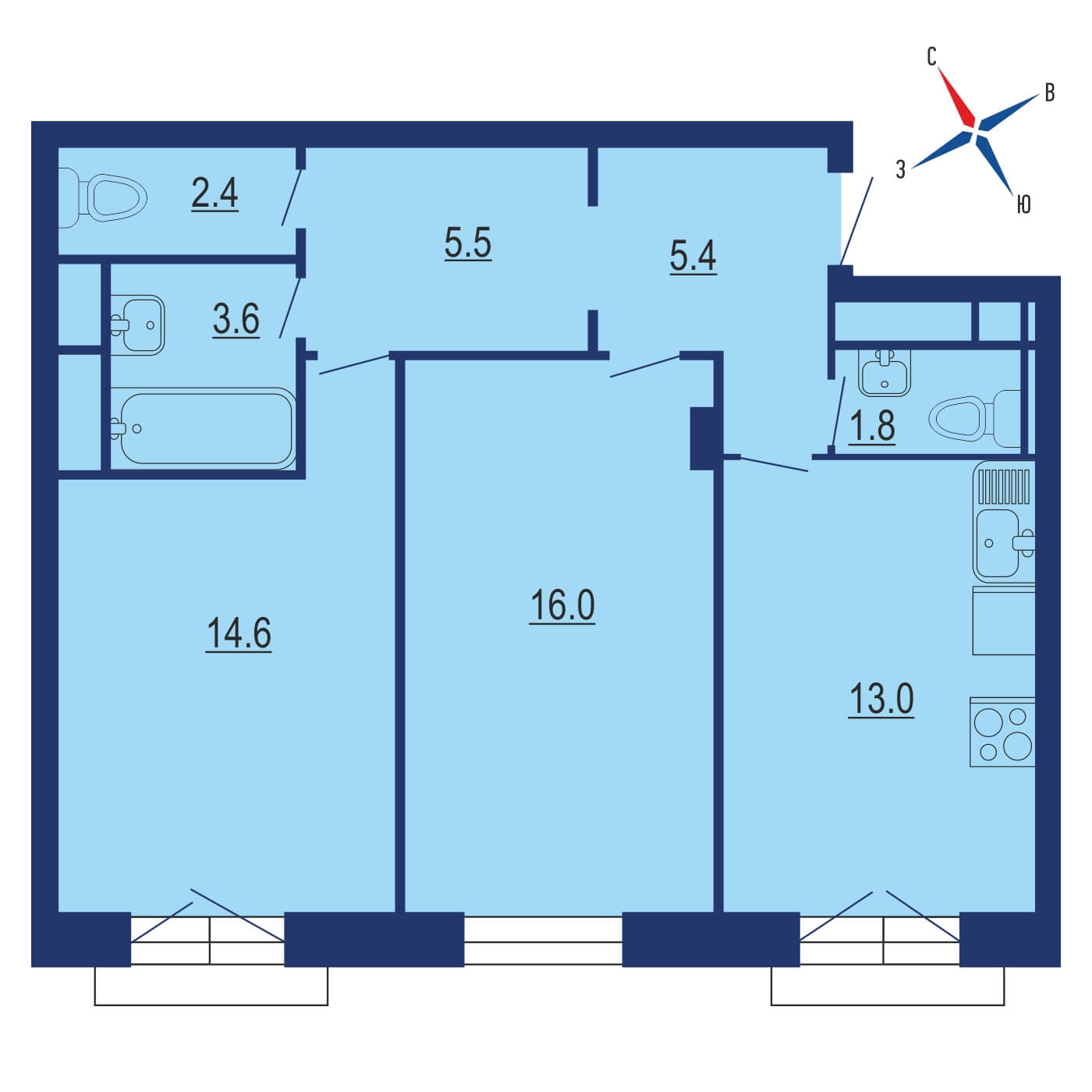 Планировка 2х комнатной квартиры 63.70м² на 4 этаже в ЖК Ленинградка 58