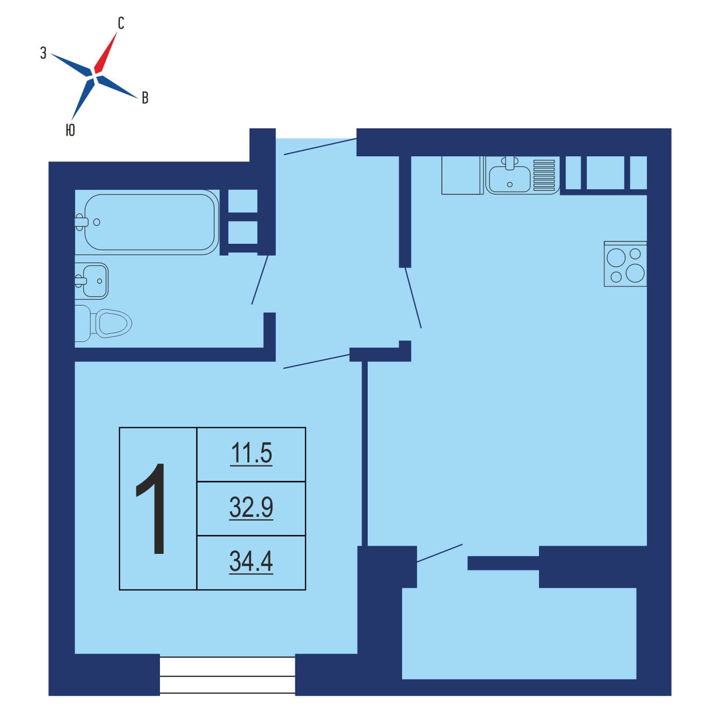 Планировка 1х комнатной квартиры 37.60м² на 19 этаже в ЖК Лучи