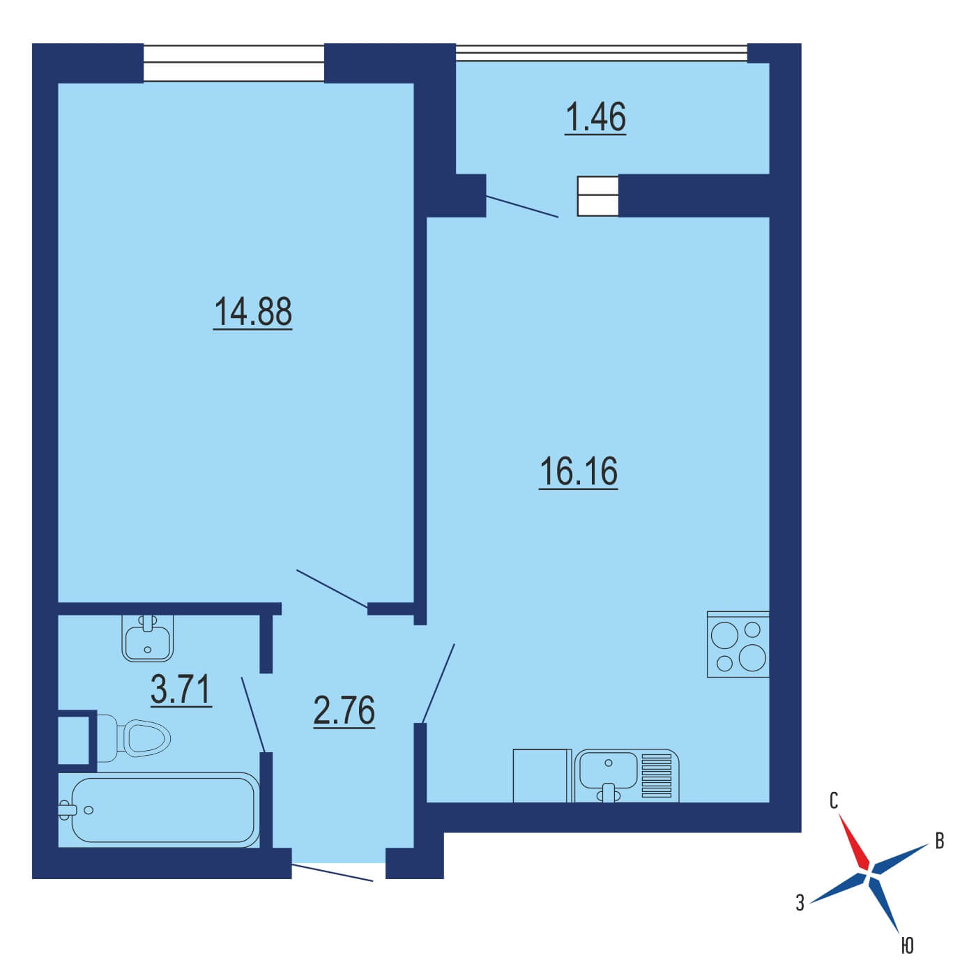 Планировка 1х комнатной квартиры 39.08м² на 2 этаже в ЖК Лучи