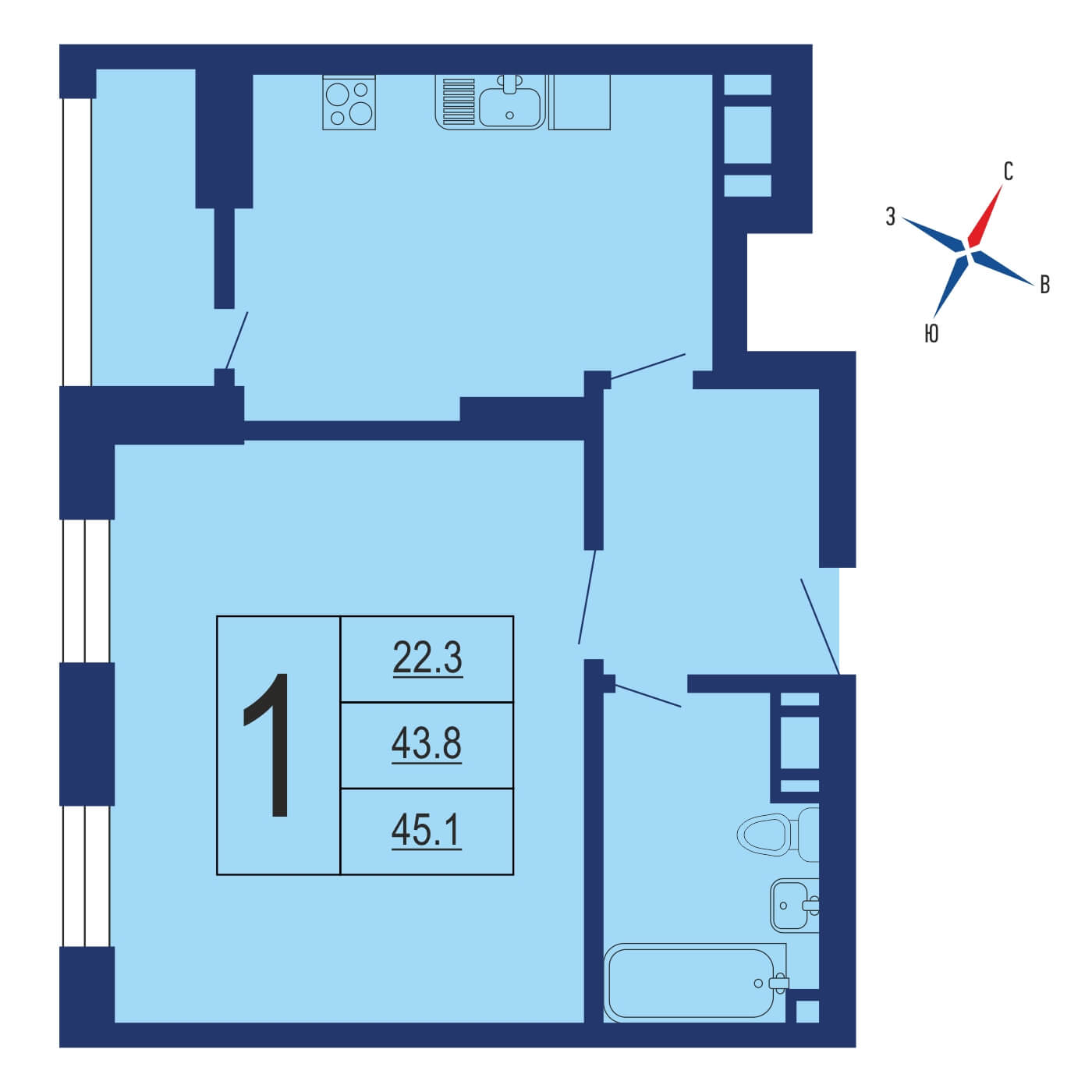Планировка 1х комнатной квартиры 45.46м² на 13 этаже в ЖК Лучи