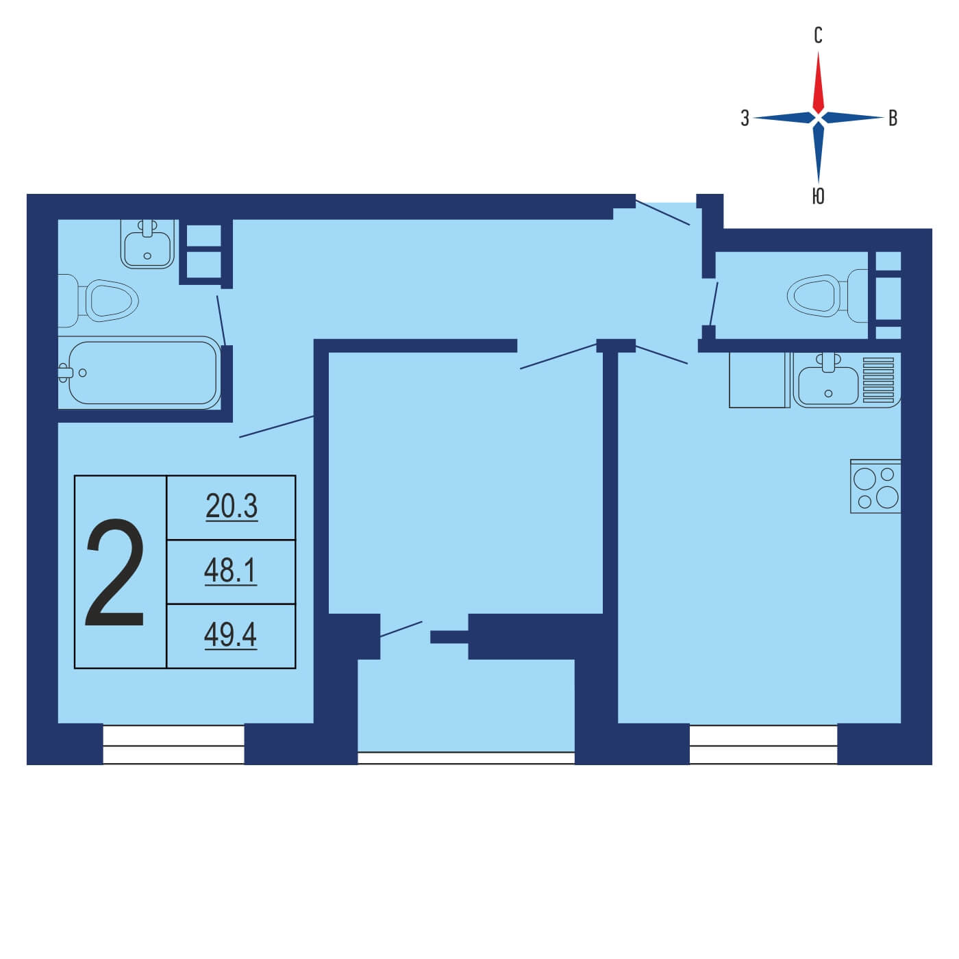 Планировка 2х комнатной квартиры 52.90м² на 15 этаже в ЖК Лучи