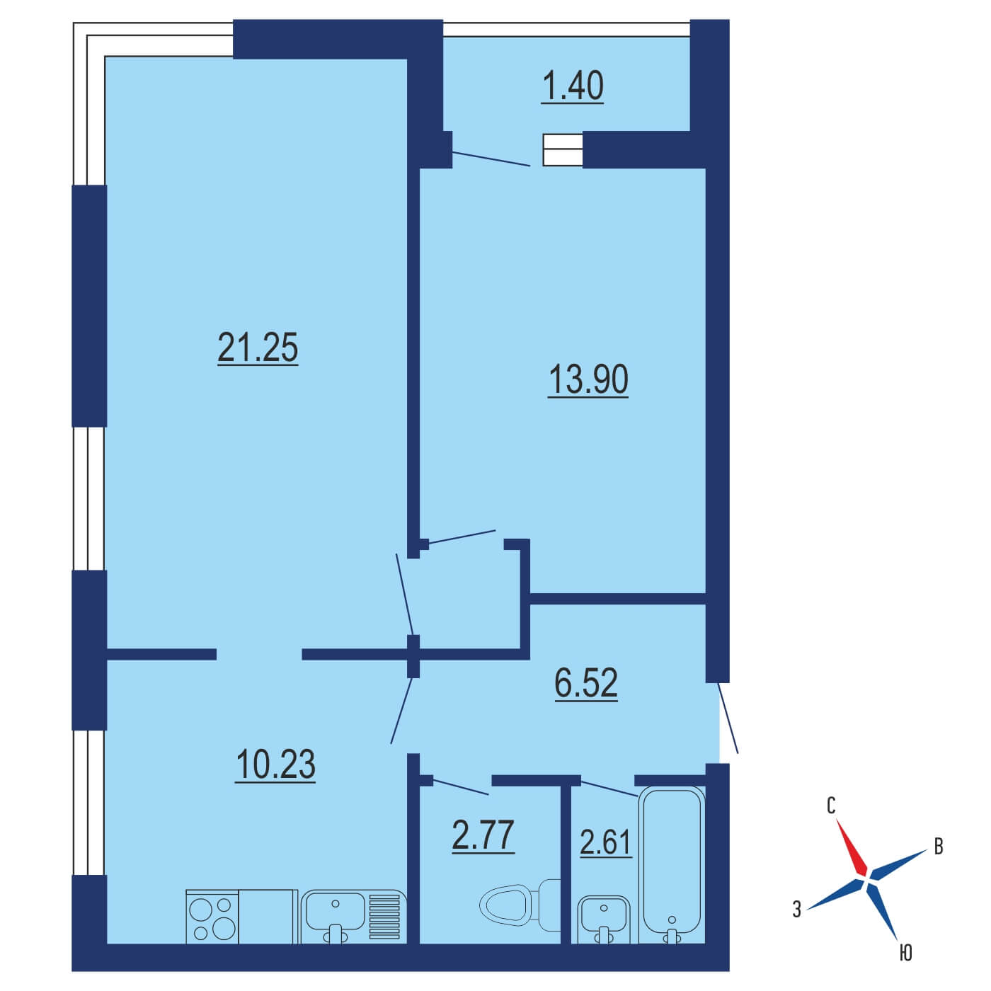 Планировка 2х комнатной квартиры 59.07м² на 14 этаже в ЖК Лучи
