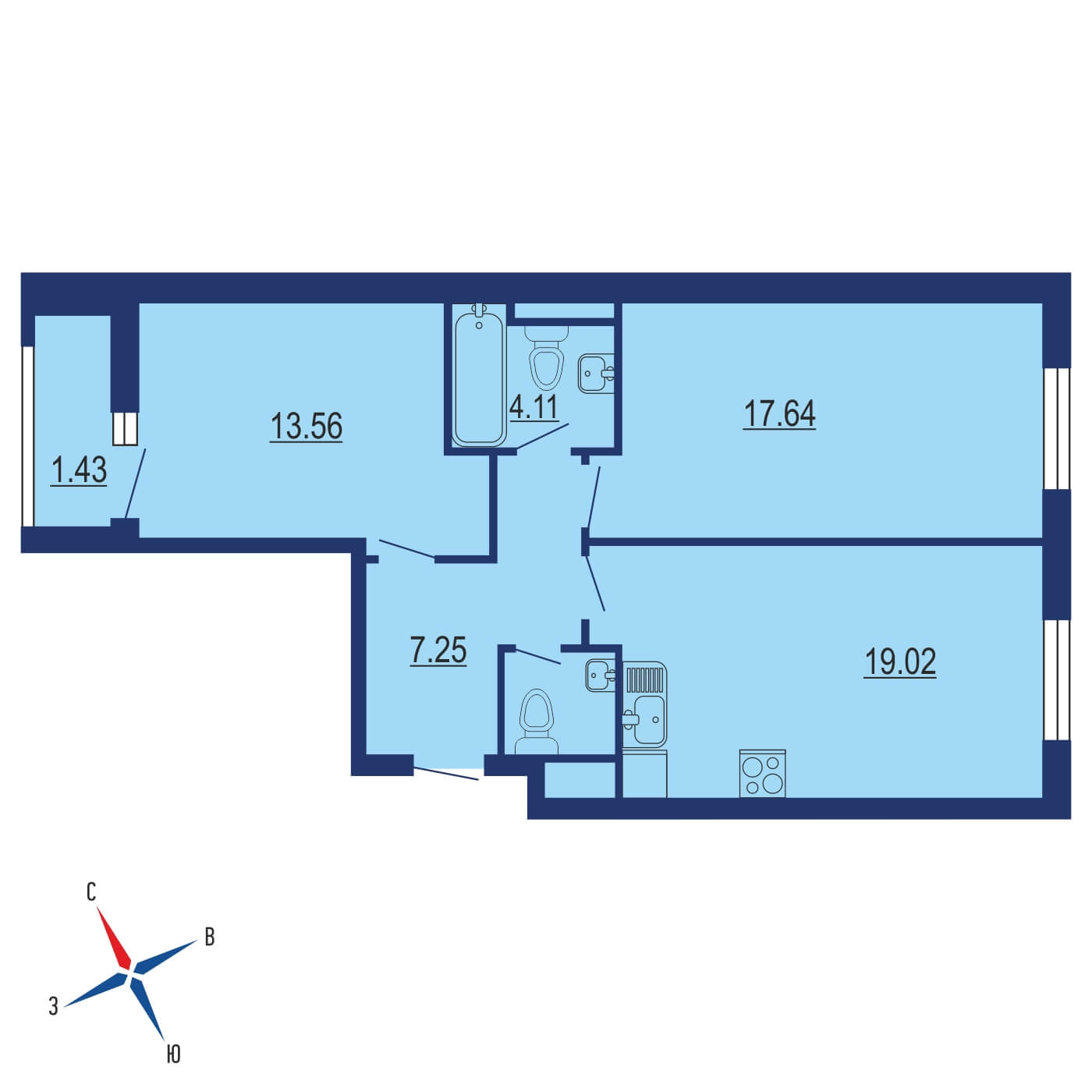 Планировка 2х комнатной квартиры 64.62м² на 4 этаже в ЖК Лучи